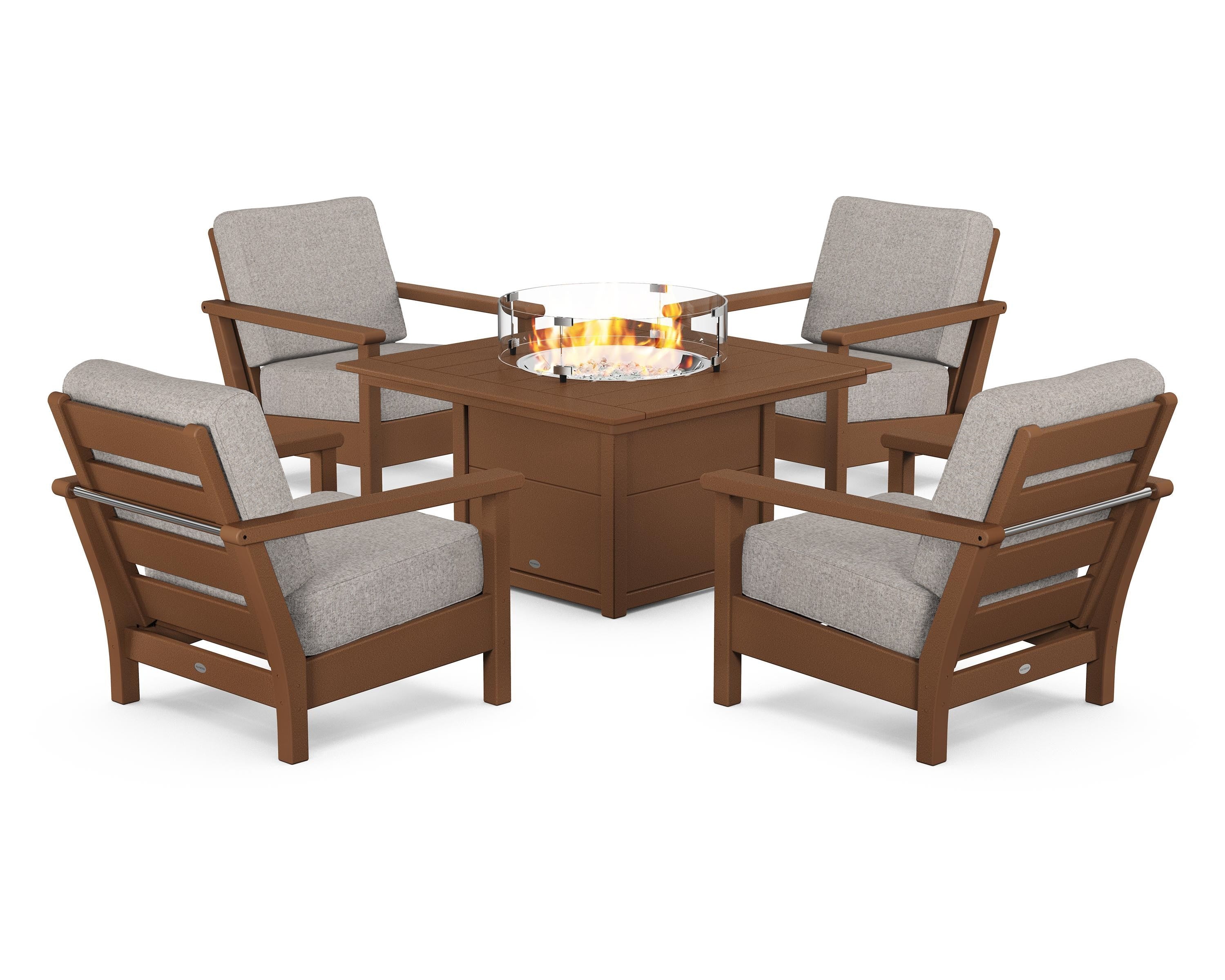 POLYWOOD Harbour 5-Piece Conversation Set with Fire Pit Table in Teak / Weathered Tweed