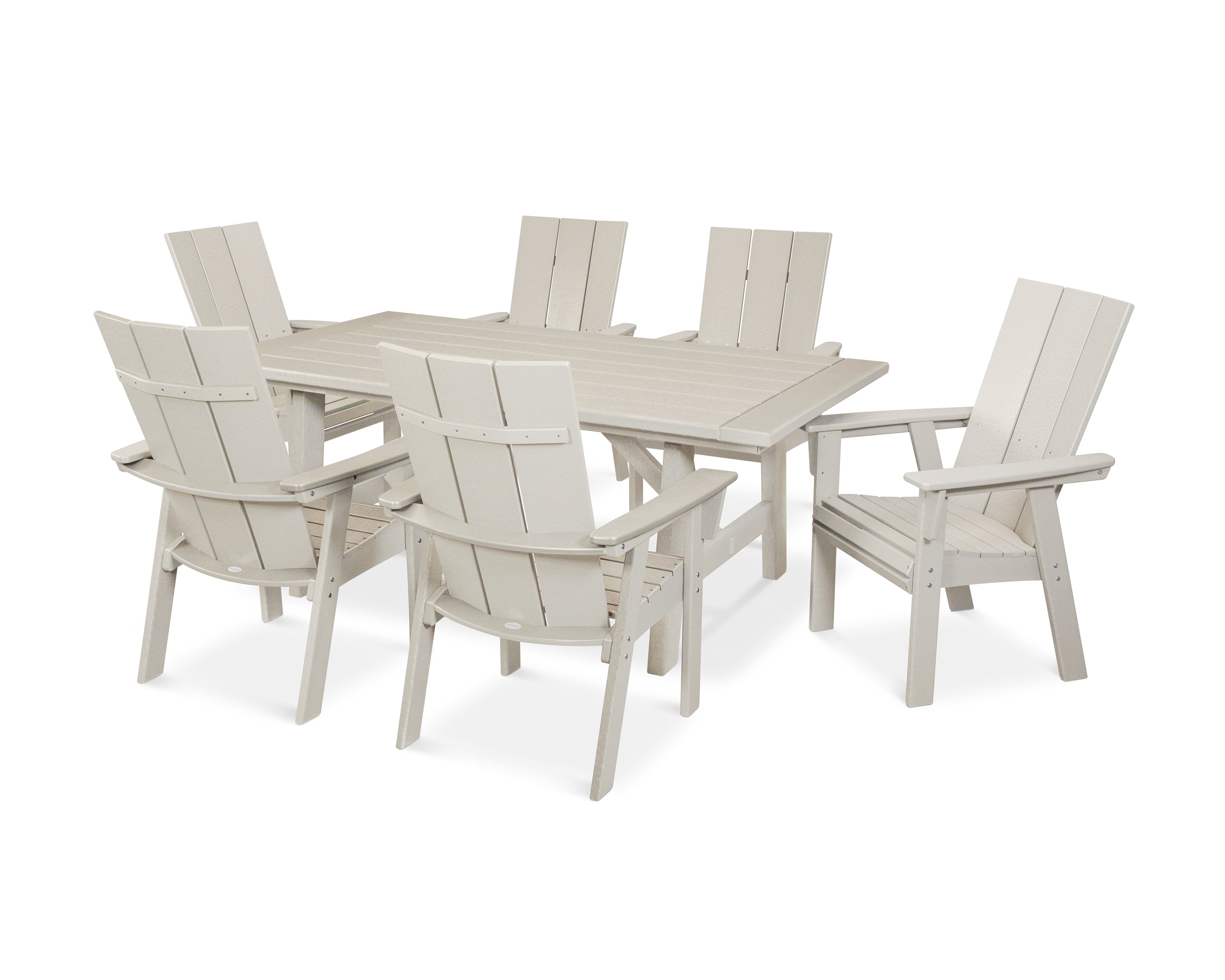 POLYWOOD® Modern Curveback Adirondack 7-Piece Rustic Farmhouse Dining Set in Sand