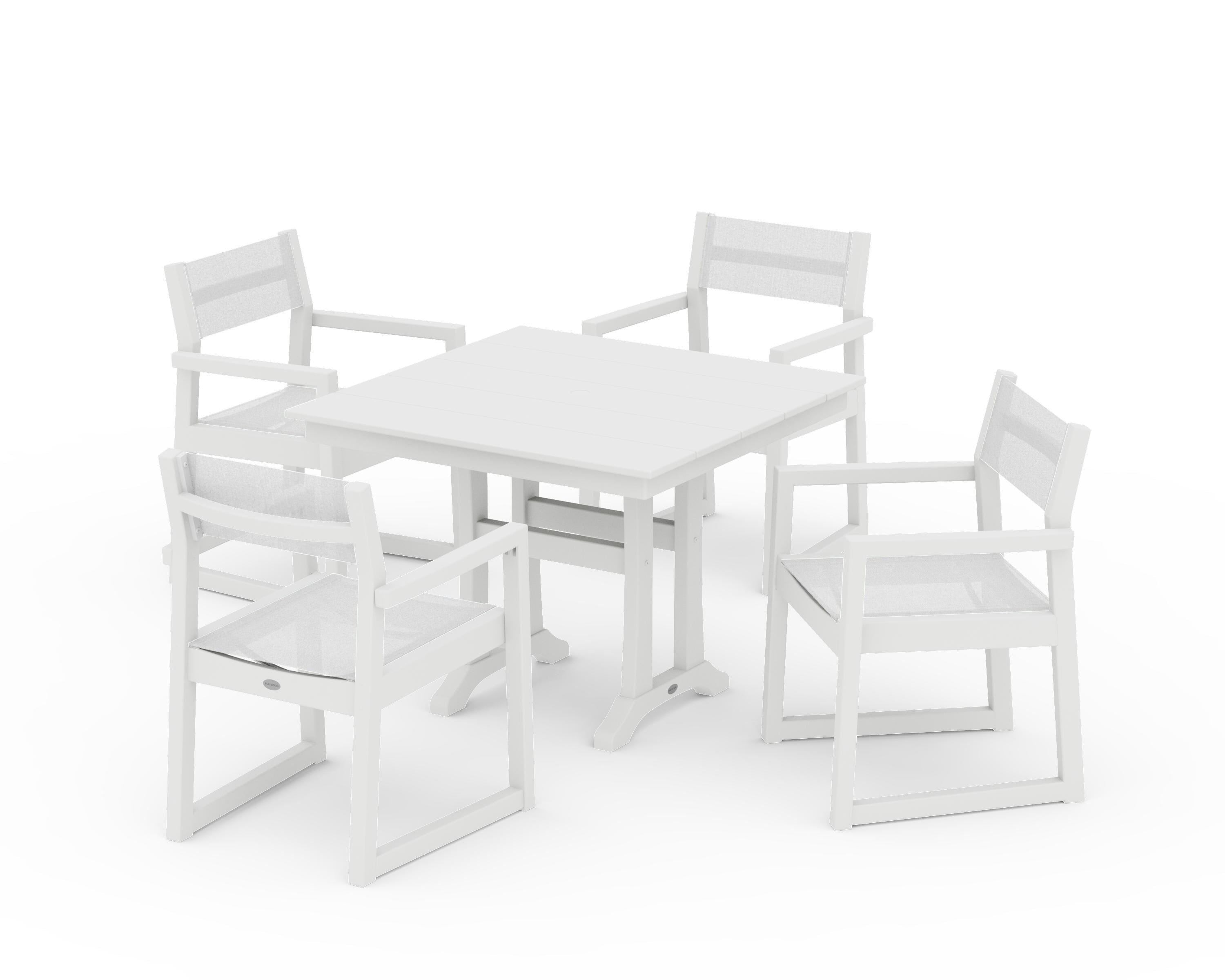 POLYWOOD EDGE Sling 5-Piece Farmhouse Dining Set with Trestle Legs in White / White Sling