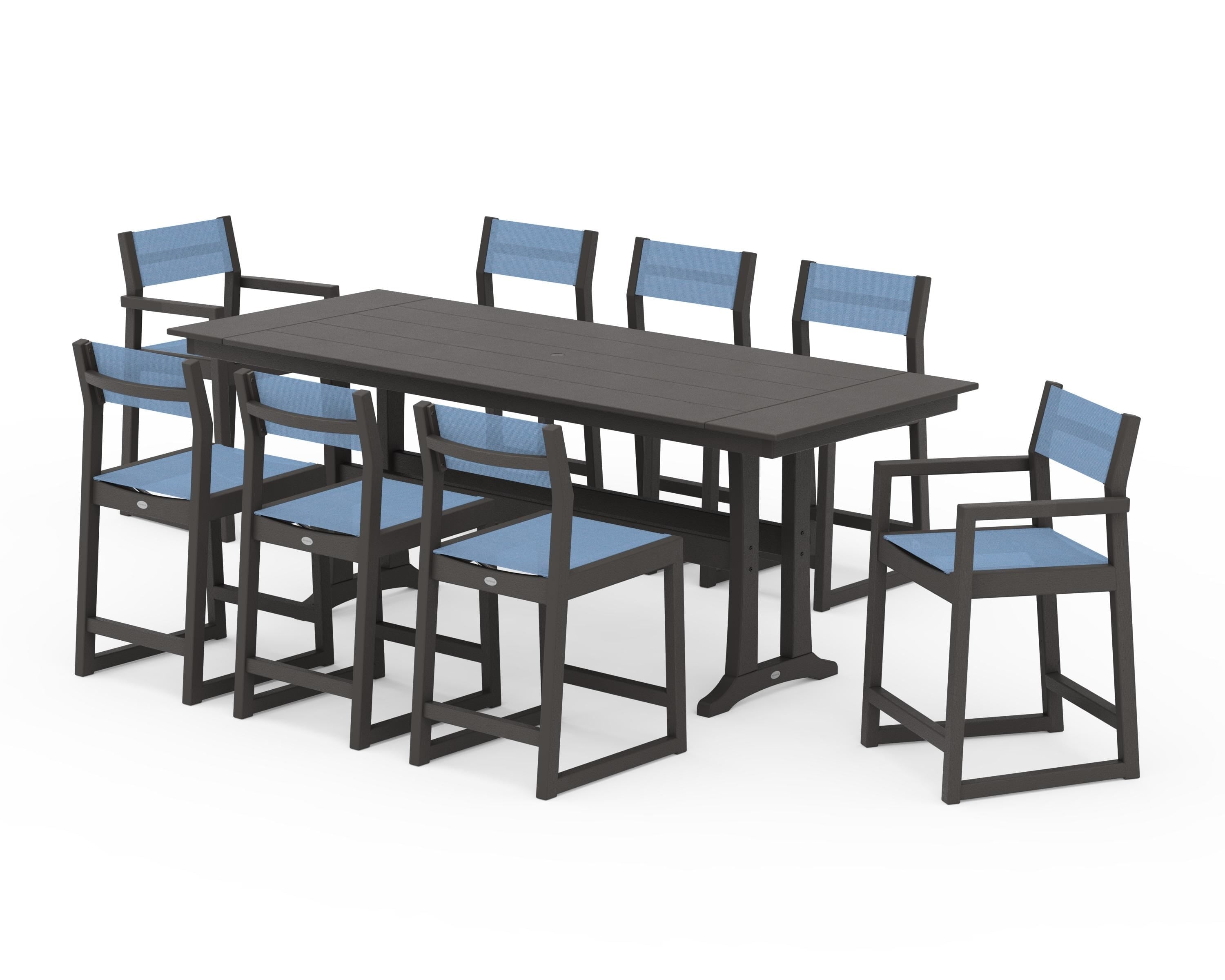 POLYWOOD EDGE Sling 9-Piece Farmhouse Counter Set with Trestle Legs in Vintage Coffee / Poolside Sling