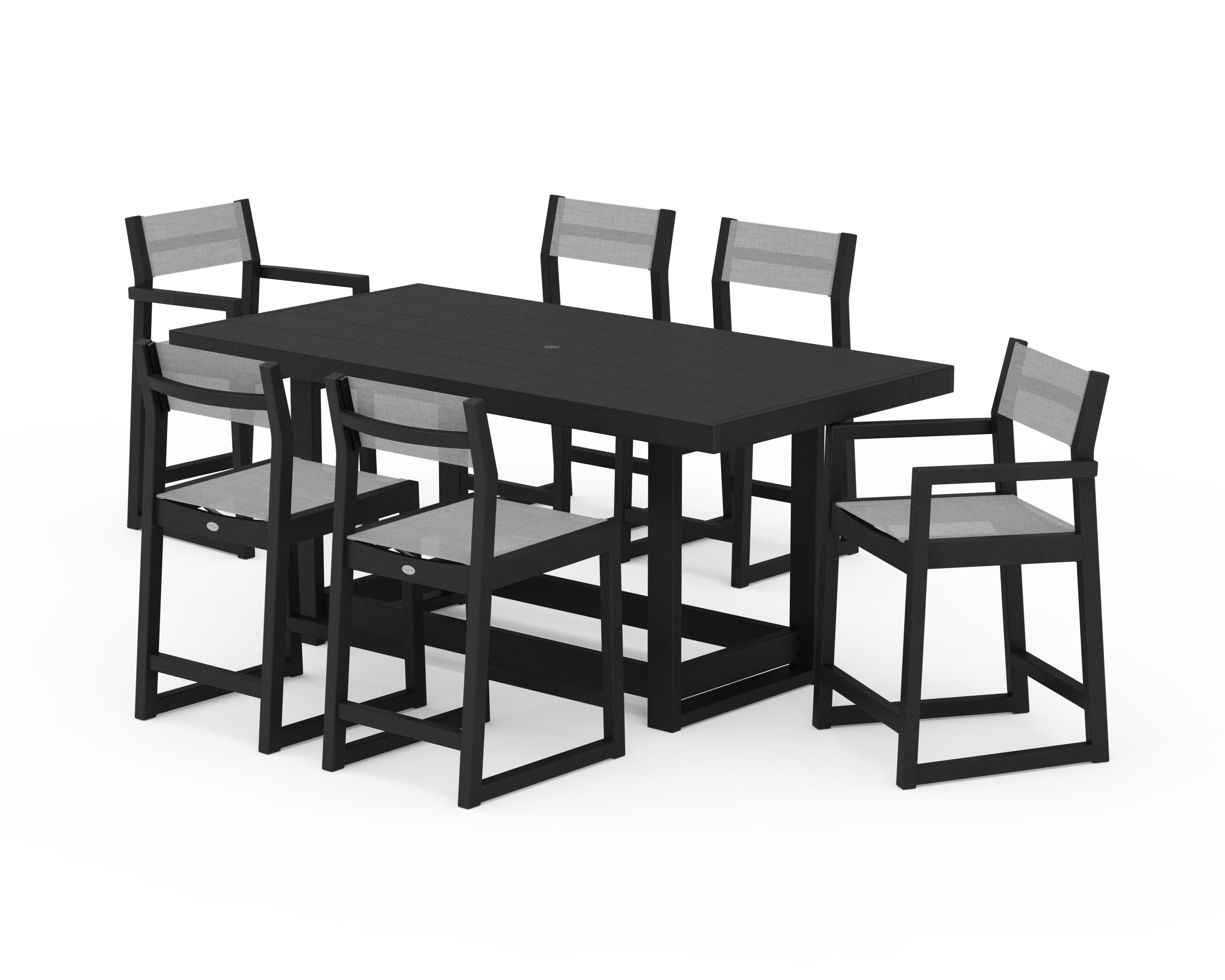 POLYWOOD EDGE Sling 7-Piece Counter Table Set in Black / Metallic Sling