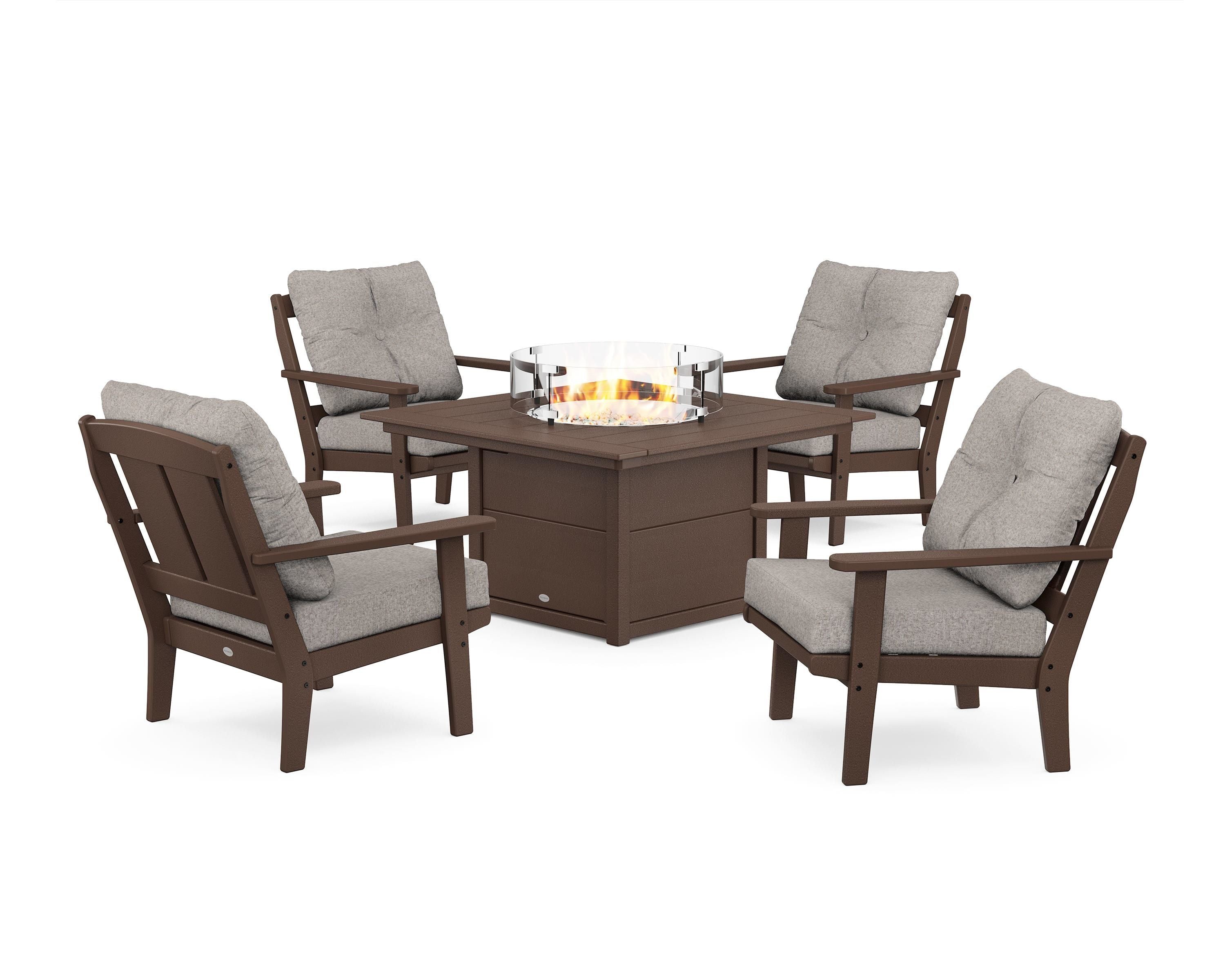 POLYWOOD Mission 5-Piece Deep Seating Set with Fire Pit Table in Mahogany / Weathered Tweed