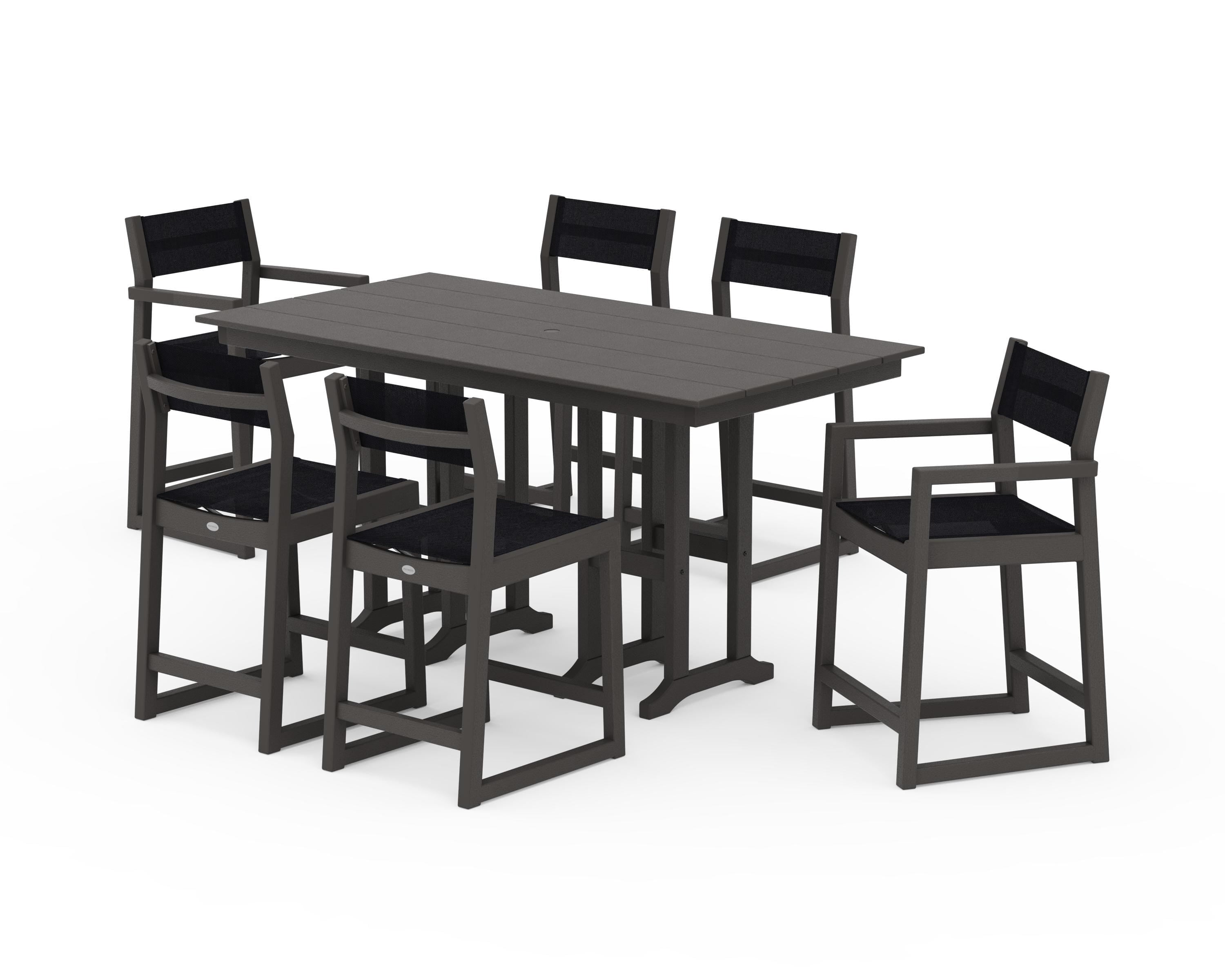 POLYWOOD EDGE Sling 7-Piece Farmhouse Counter Set in Vintage Coffee / Black Sling