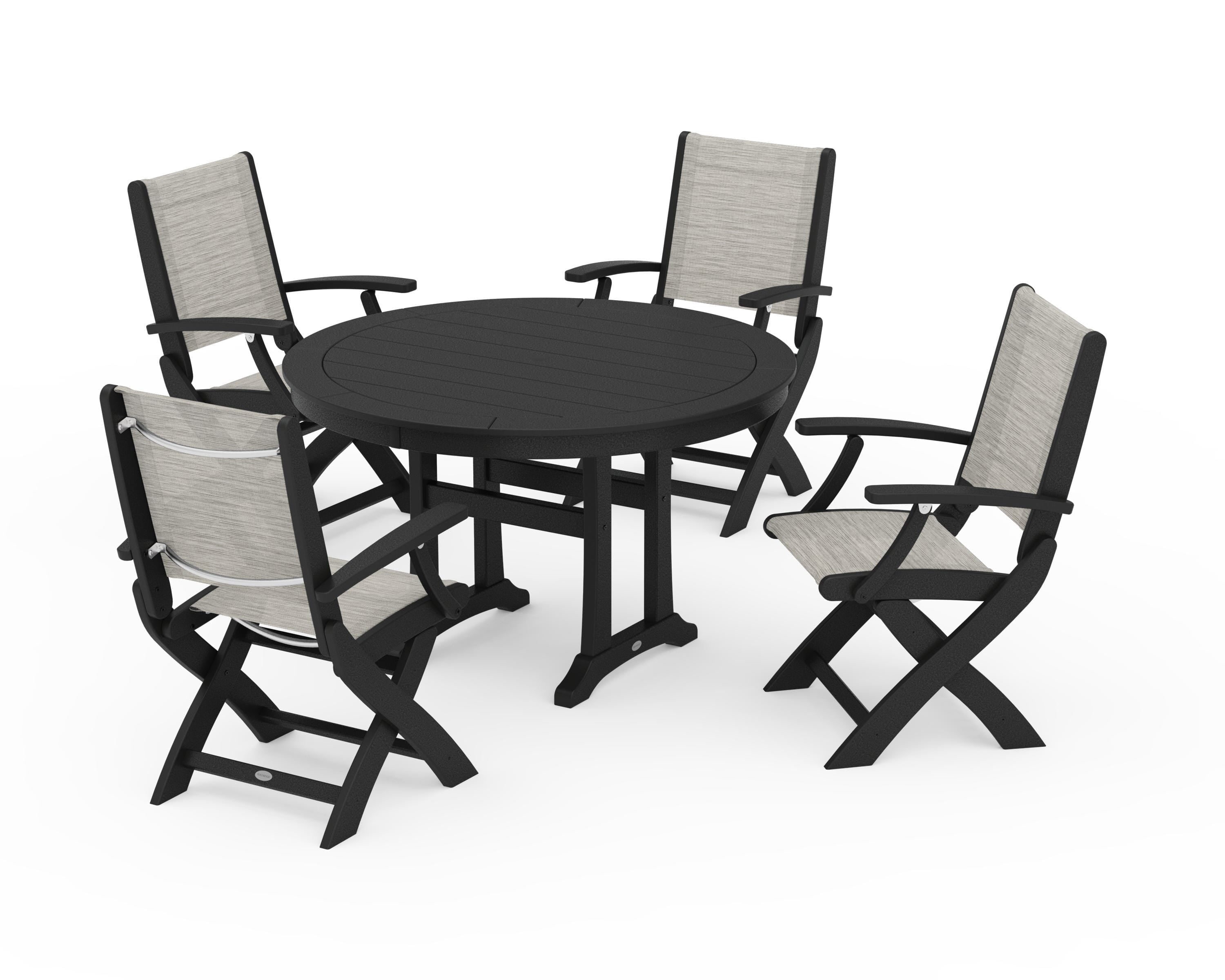 POLYWOOD Coastal Folding Chair 5-Piece Round Dining Set with Trestle Legs in Black / Birch Sling