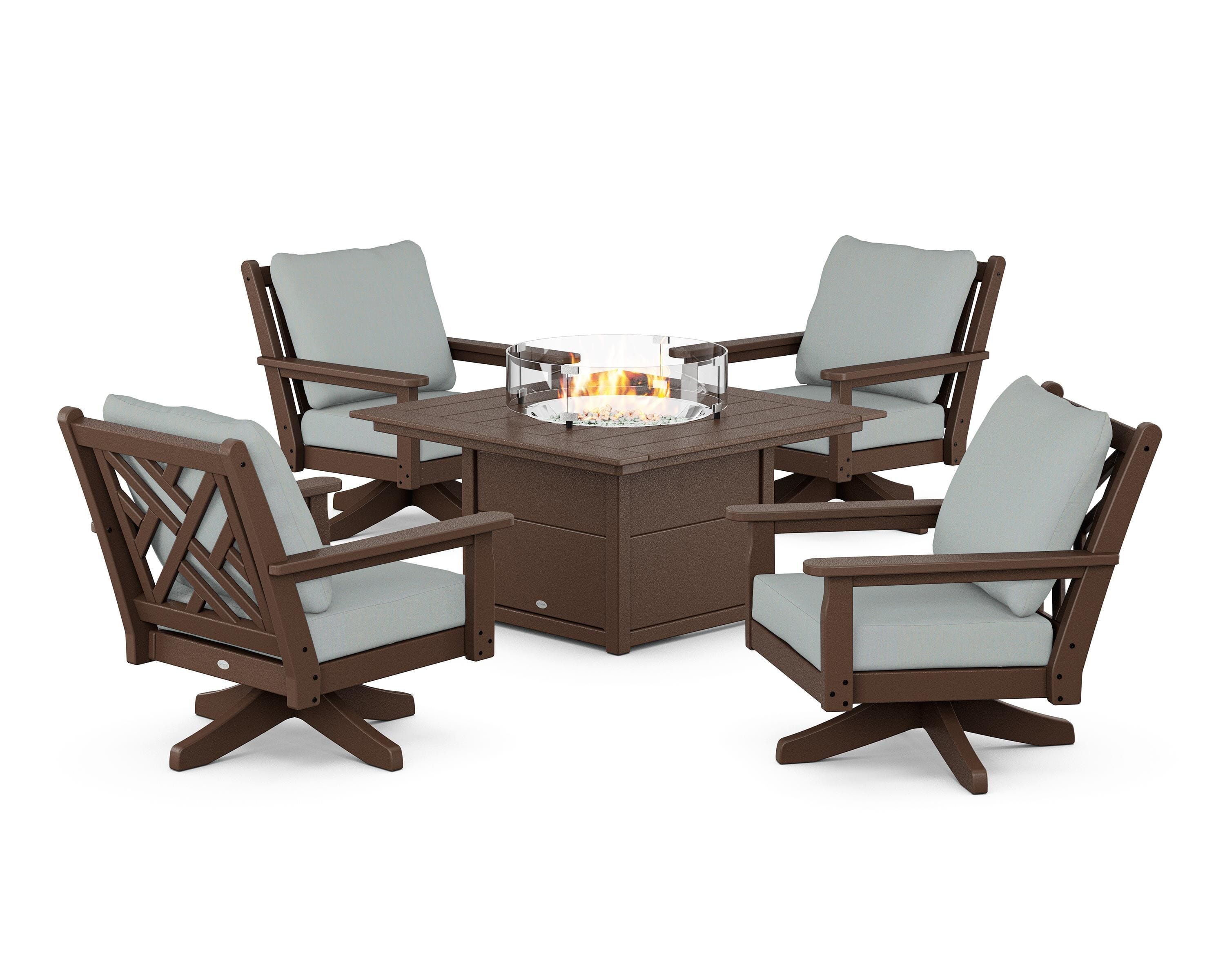 POLYWOOD Chippendale 5-Piece Deep Seating Swivel Conversation Set with Fire Pit Table in Mahogany / Spa
