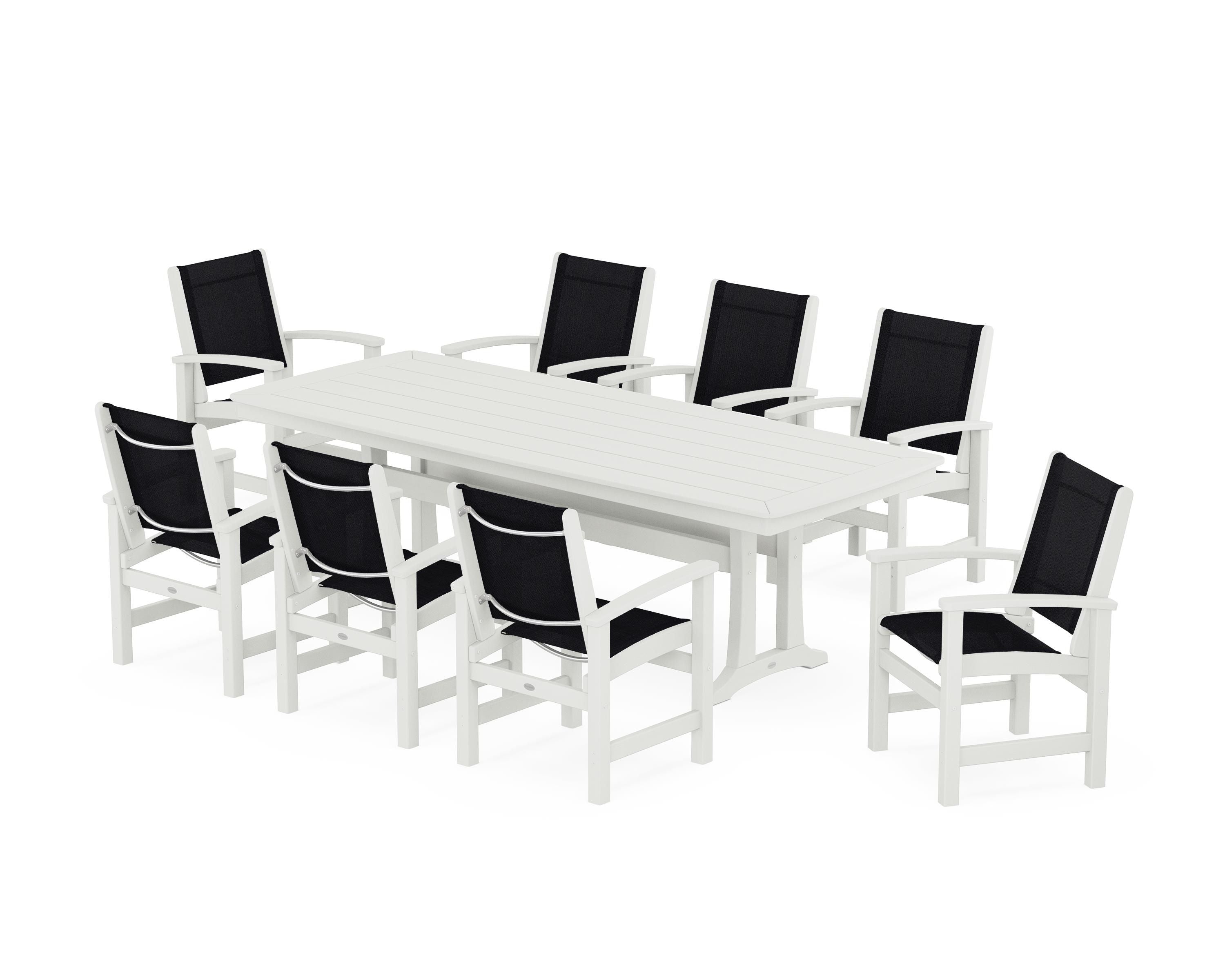 POLYWOOD Coastal 9-Piece Dining Set with Trestle Legs in Vintage White / Black Sling