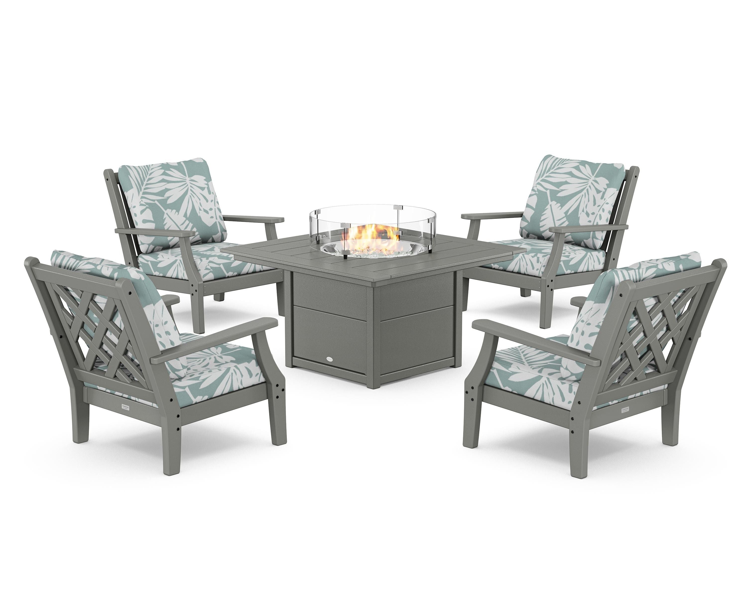Country Living Wovendale 5-Piece Deep Seating Set with Fire Pit Table in Slate Grey / Leaf Glacier Spa
