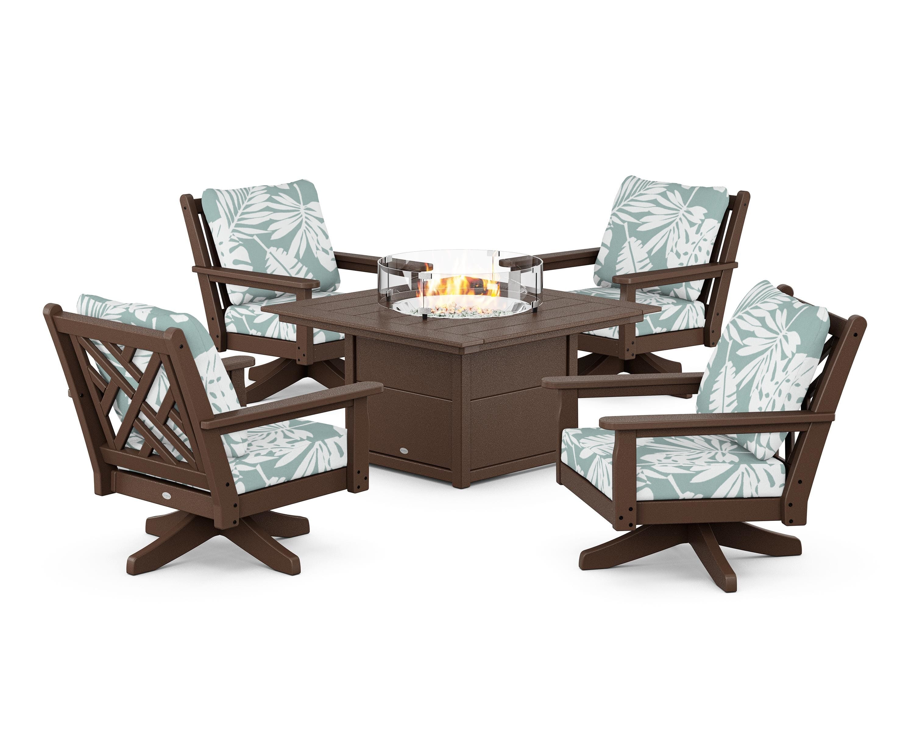 POLYWOOD Chippendale 5-Piece Deep Seating Swivel Conversation Set with Fire Pit Table in Mahogany / Leaf Glacier Spa
