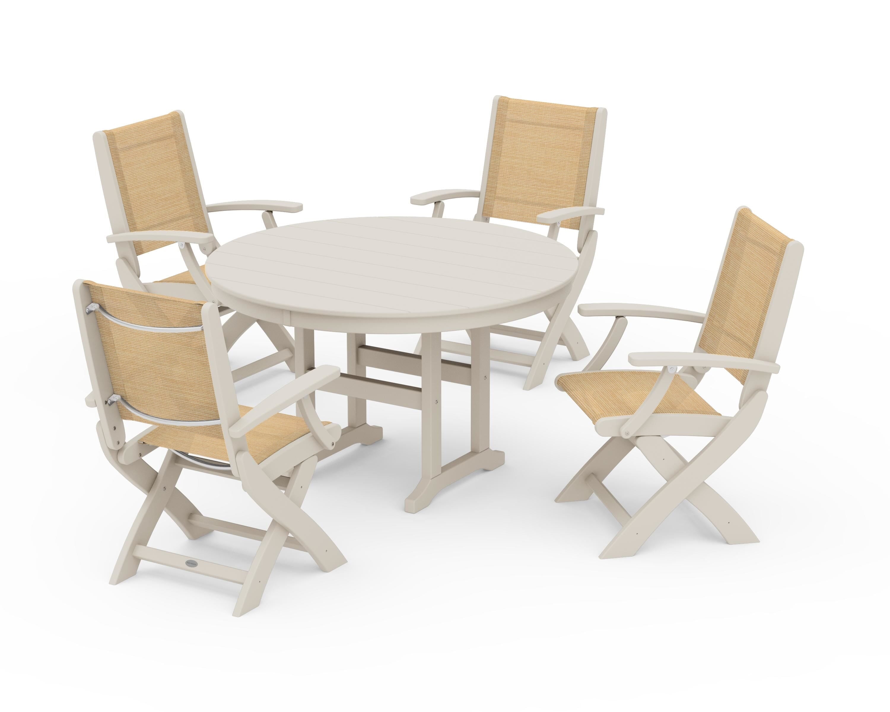 POLYWOOD Coastal Folding Chair 5-Piece Round Dining Set in Sand / Dupioni Apricot Sling