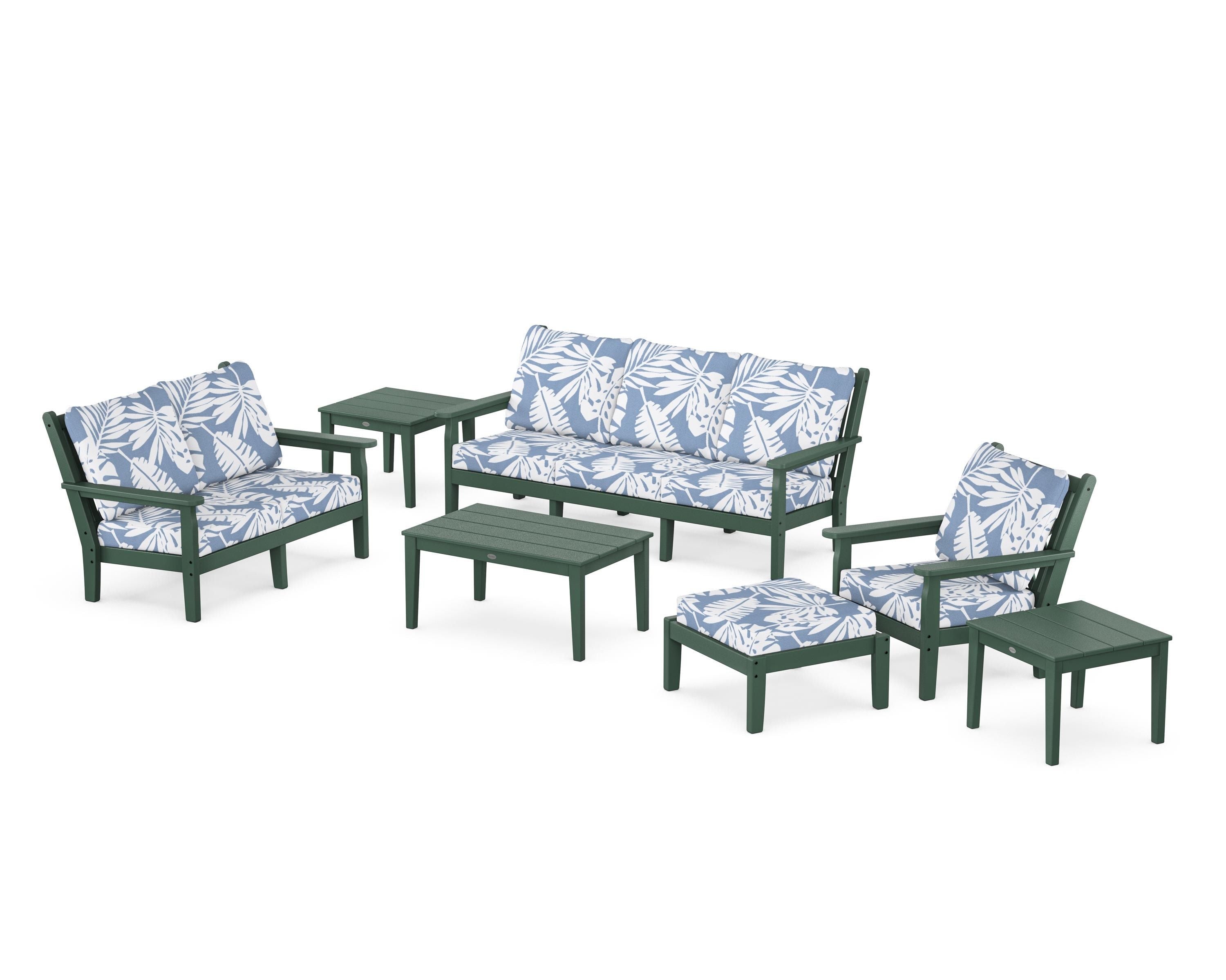 POLYWOOD Chippendale 7-Piece Deep Seating Set in Green / Leaf Sky Blue