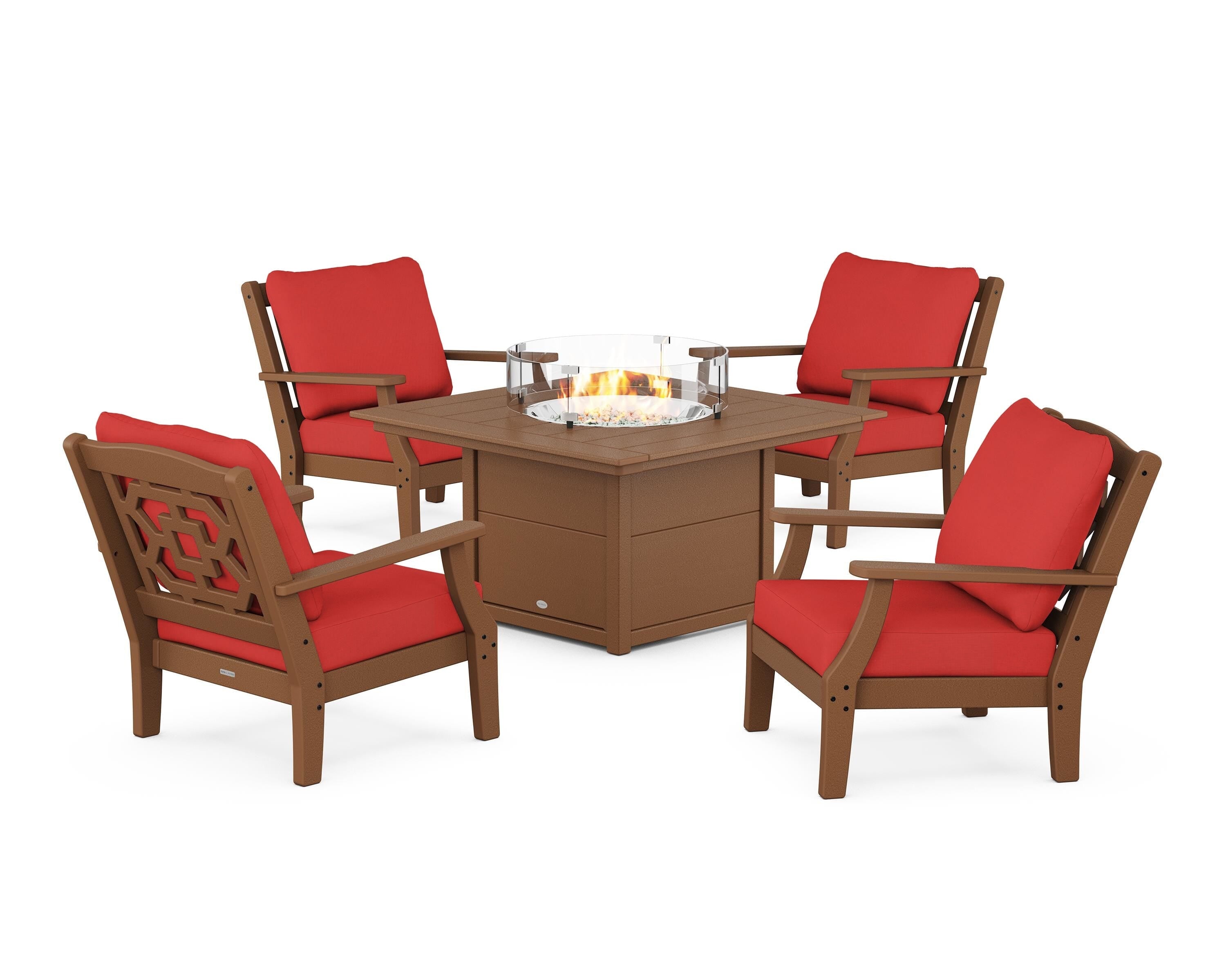 Martha Stewart by POLYWOOD Chinoiserie 5-Piece Deep Seating Set with Fire Pit Table in Teak / Crimson Linen