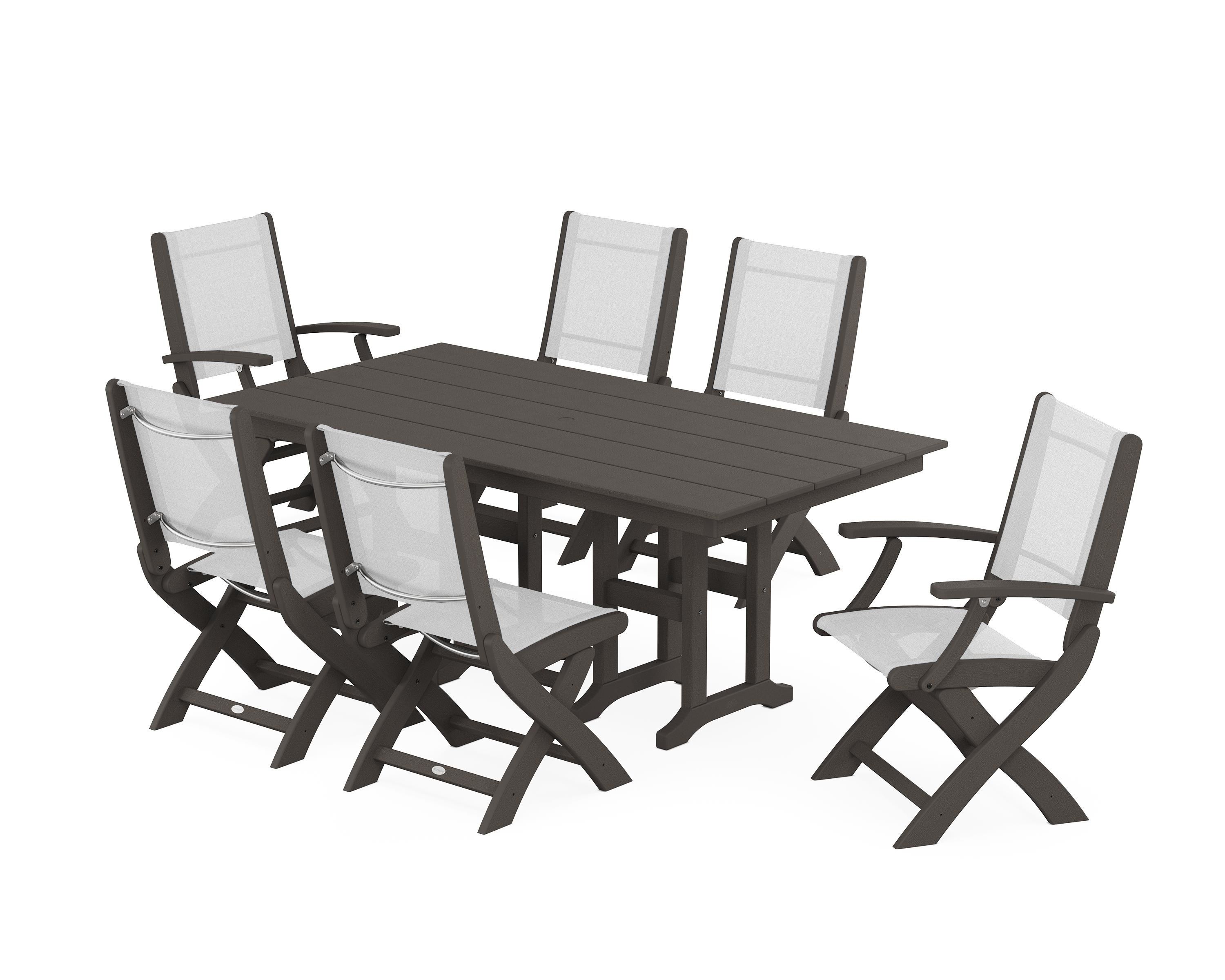 POLYWOOD Coastal Folding Chair 7-Piece Farmhouse Dining Set in Vintage Coffee / White Sling