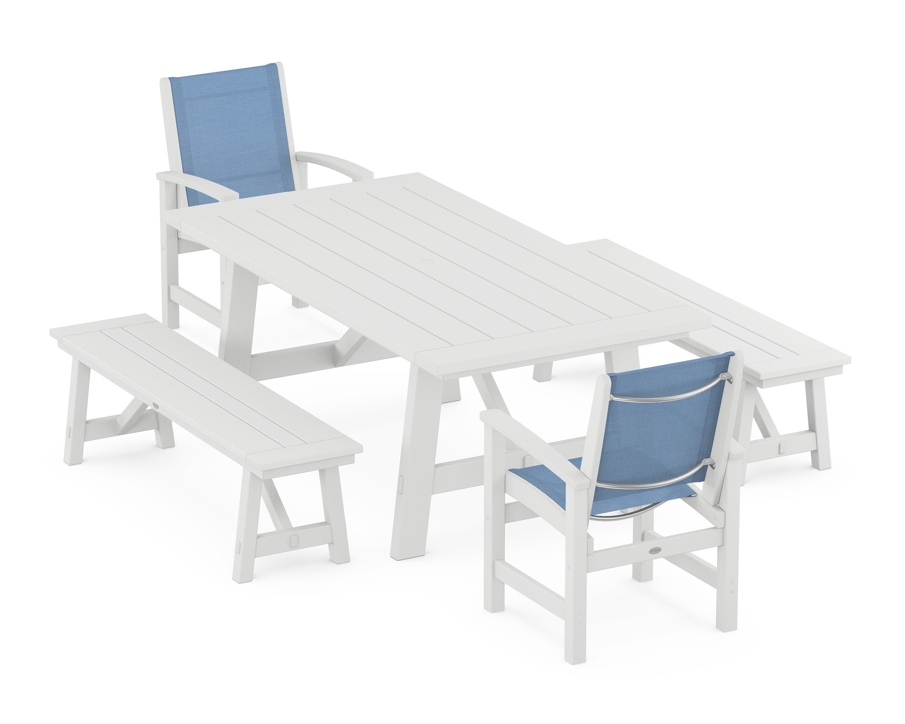 POLYWOOD Coastal 5-Piece Rustic Farmhouse Dining Set With Benches in White / Poolside Sling