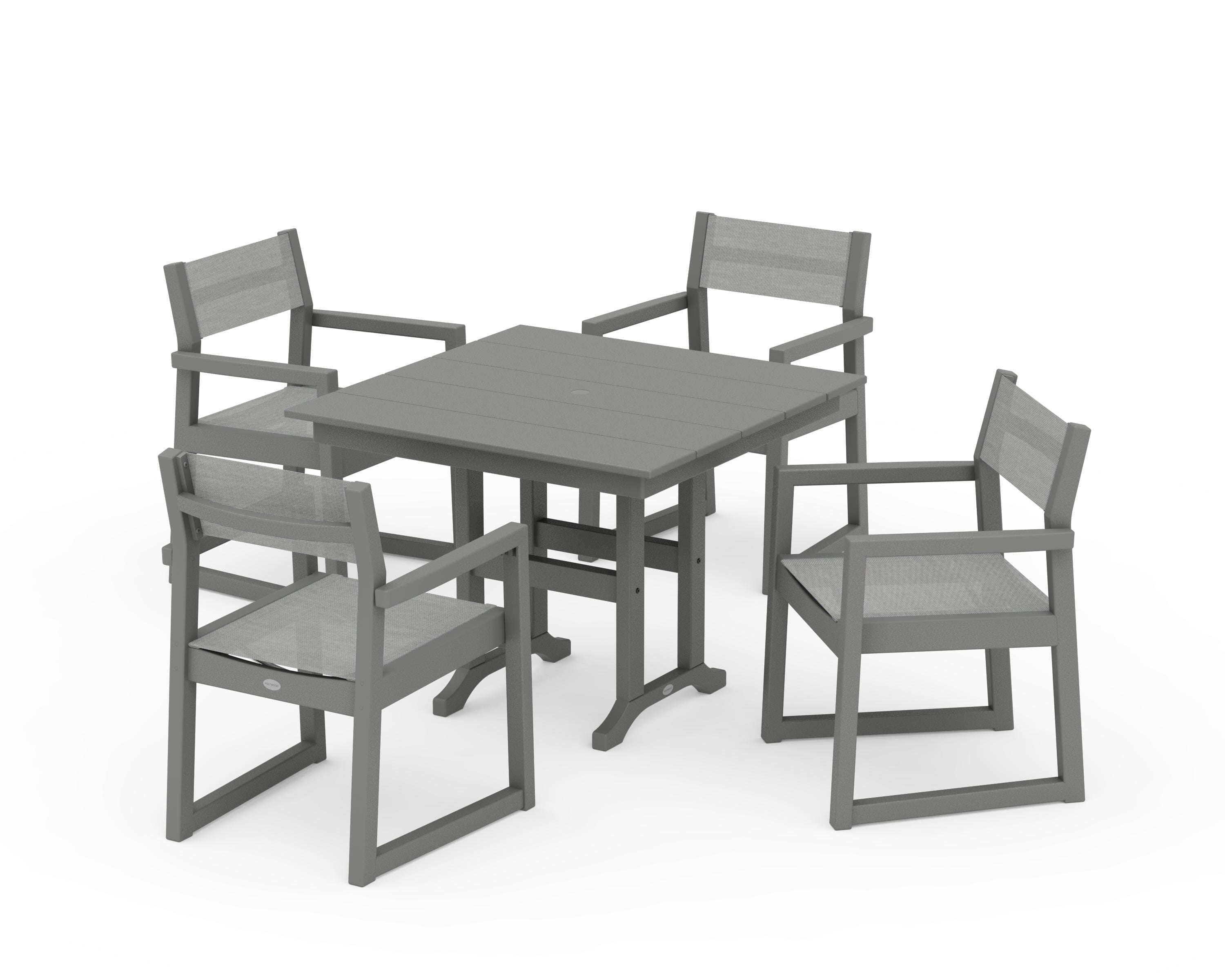 POLYWOOD EDGE Sling Arm Chair 5-Piece Farmhouse Dining Set in Slate Grey / Metallic Sling