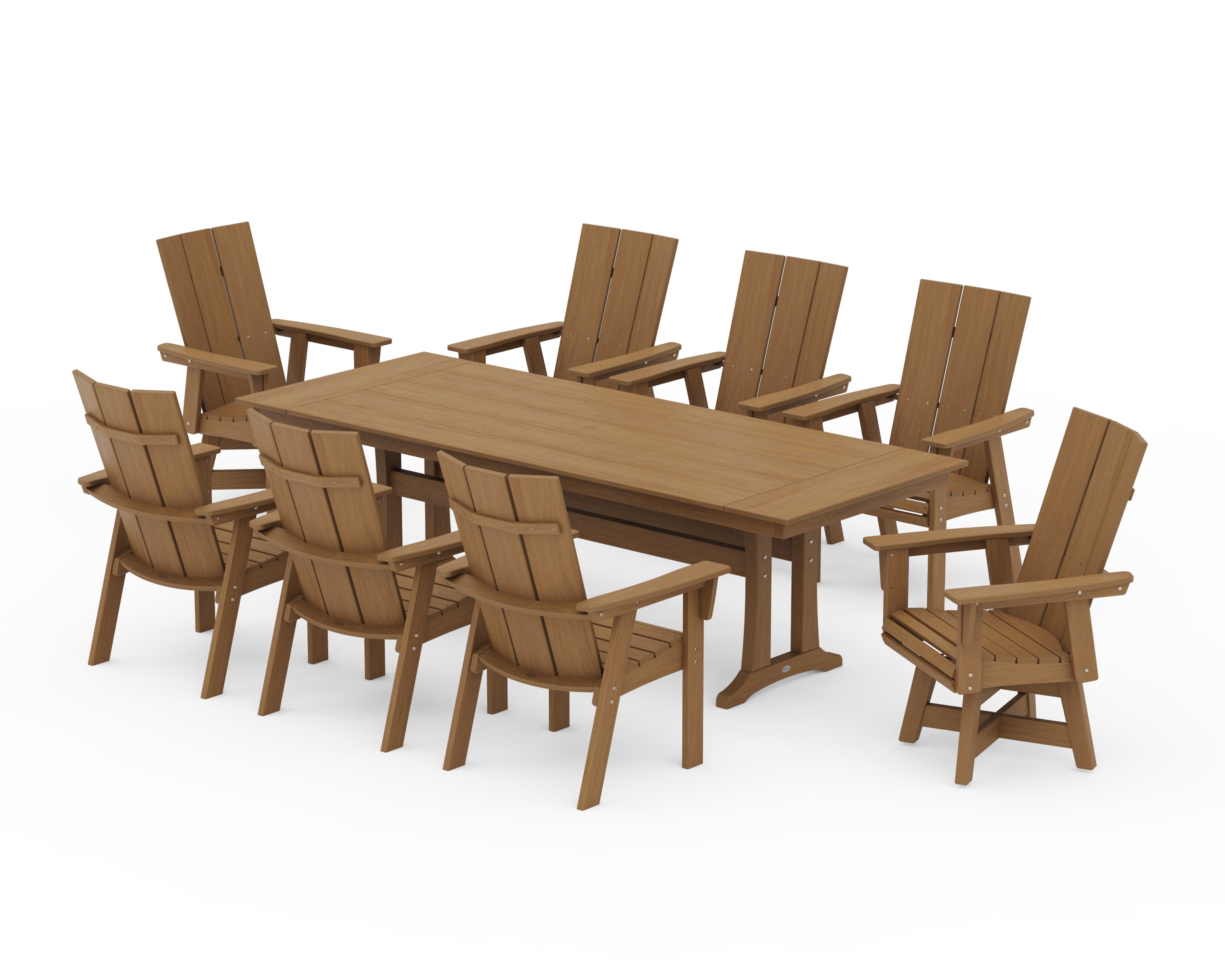 POLYWOOD Modern Curveback Adirondack Swivel 9-Piece Farmhouse Dining Set with Trestle Legs in Natural