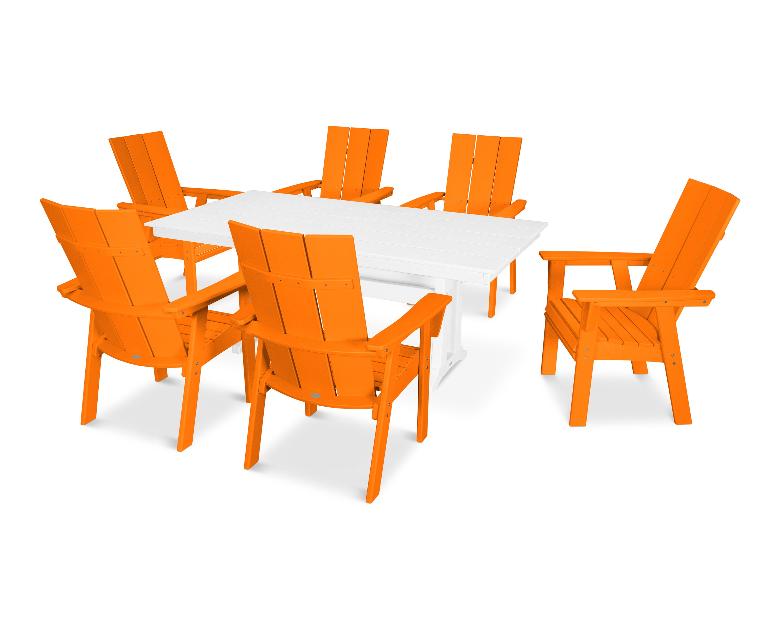 POLYWOOD® Modern Curveback Adirondack 7-Piece Farmhouse Dining Set with Trestle Legs in Tangerine / White