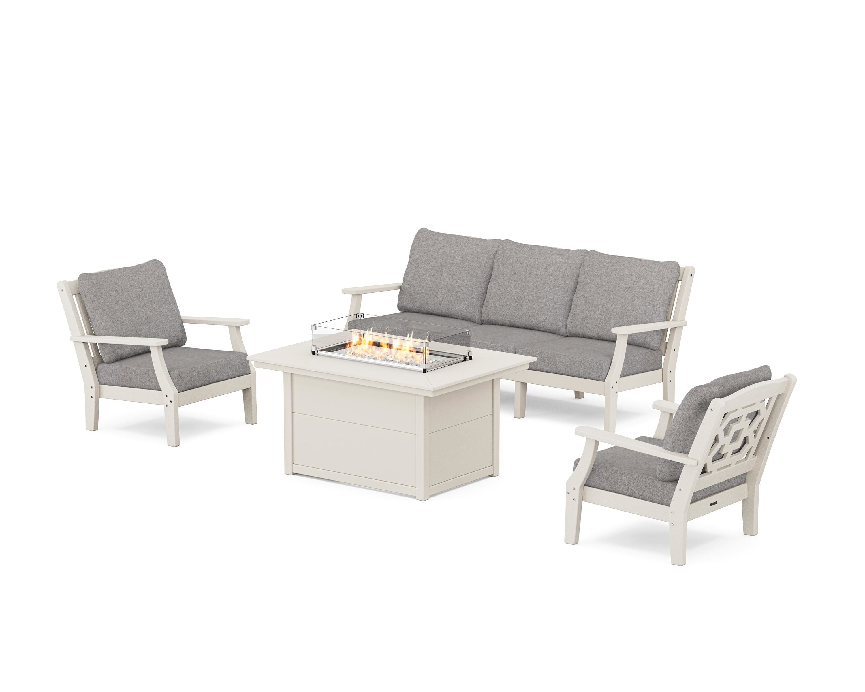 Martha Stewart by POLYWOOD Chinoiserie Deep Seating Fire Pit Table Set in Sand / Grey Mist