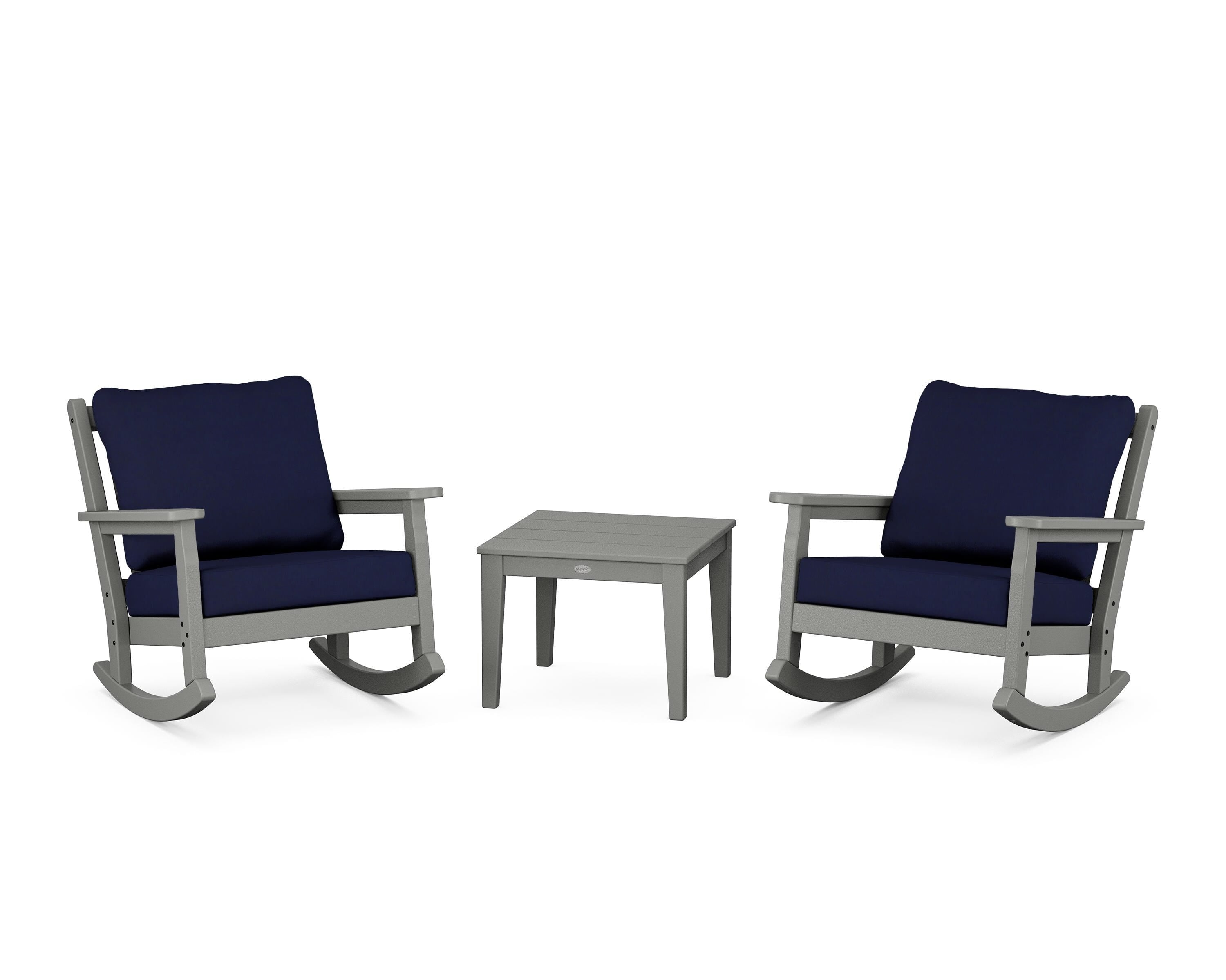 POLYWOOD Chippendale 3-Piece Deep Seating Rocker Set in Slate Grey / Navy