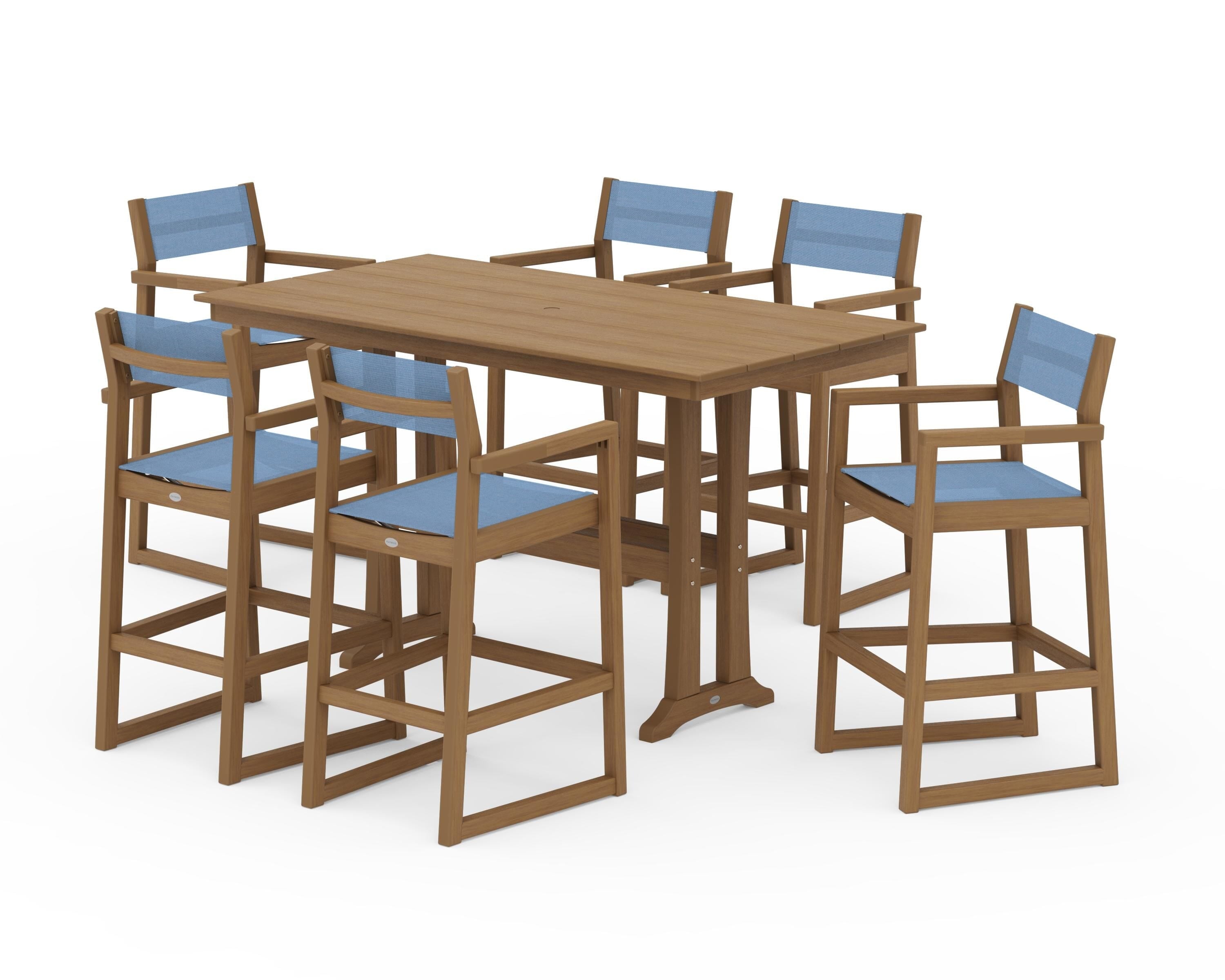 POLYWOOD EDGE Sling Arm Chair 7-Piece Farmhouse Bar Set with Trestle Legs in Natural / Poolside Sling