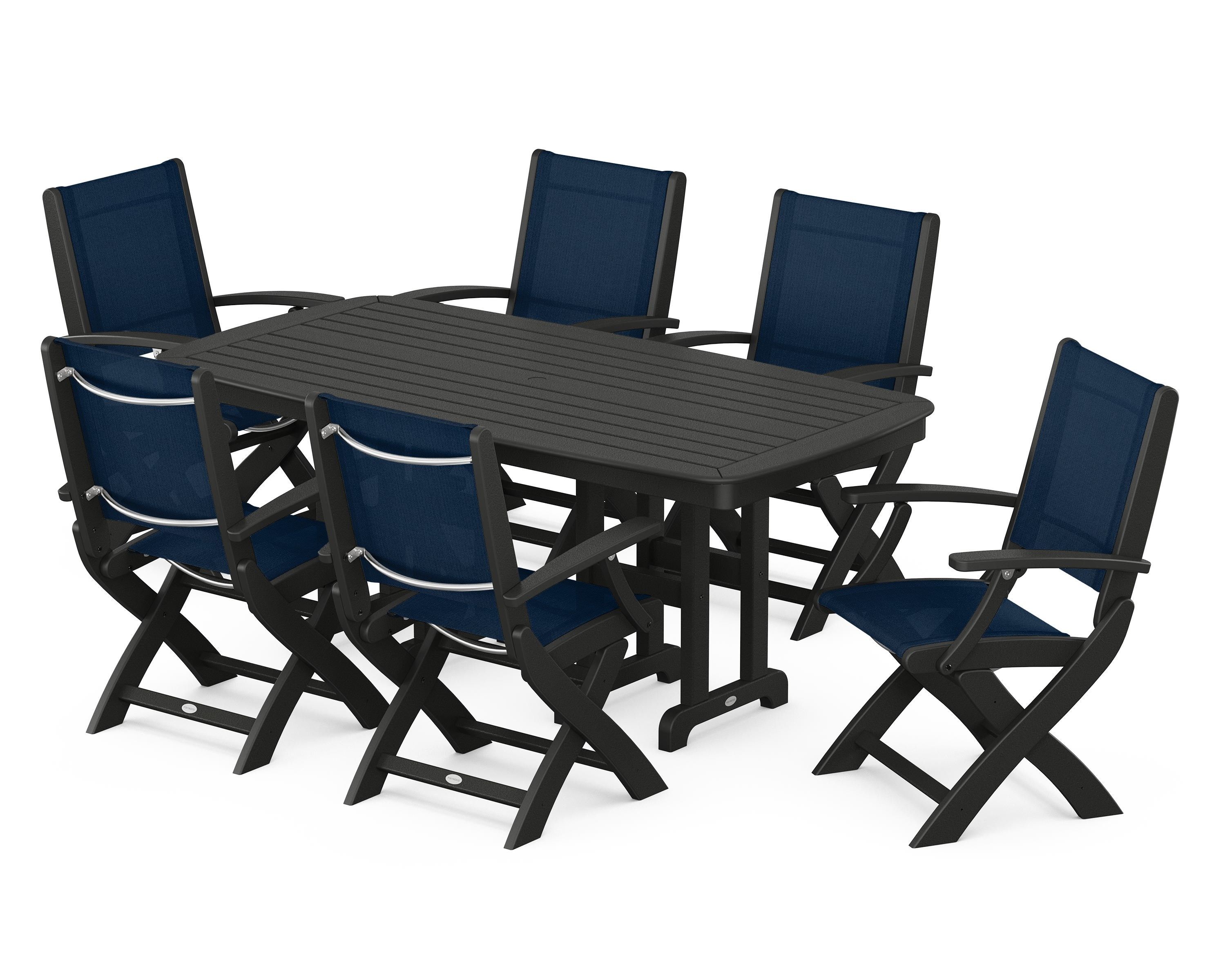 POLYWOOD Coastal Folding Arm Chair 7-Piece Dining Set in Black / Navy Blue Sling