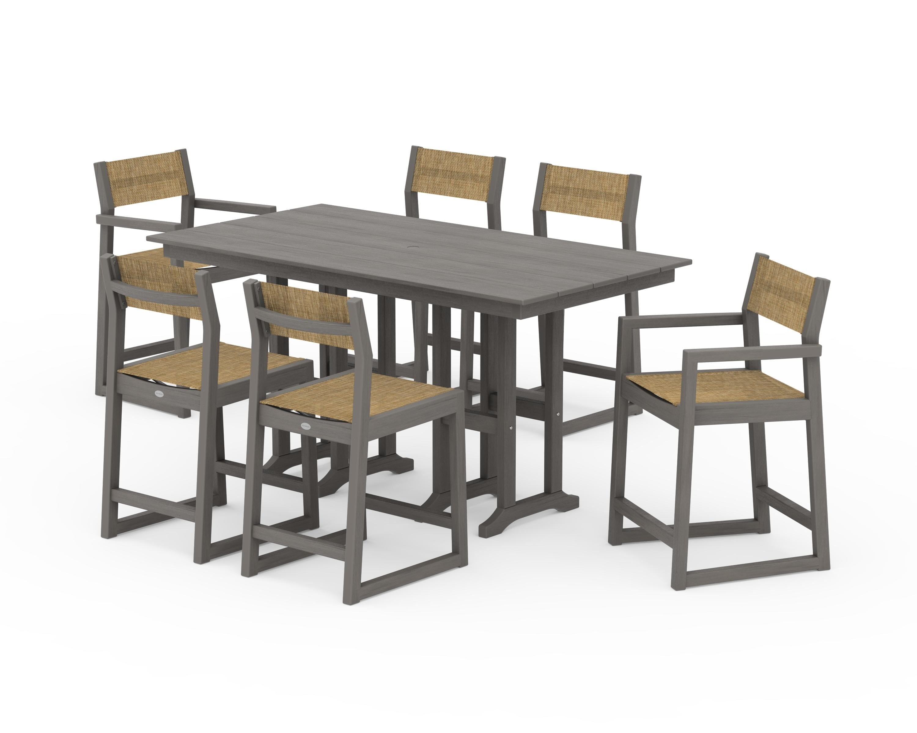 POLYWOOD EDGE Sling 7-Piece Farmhouse Counter Set in Driftwood / Burlap Sling
