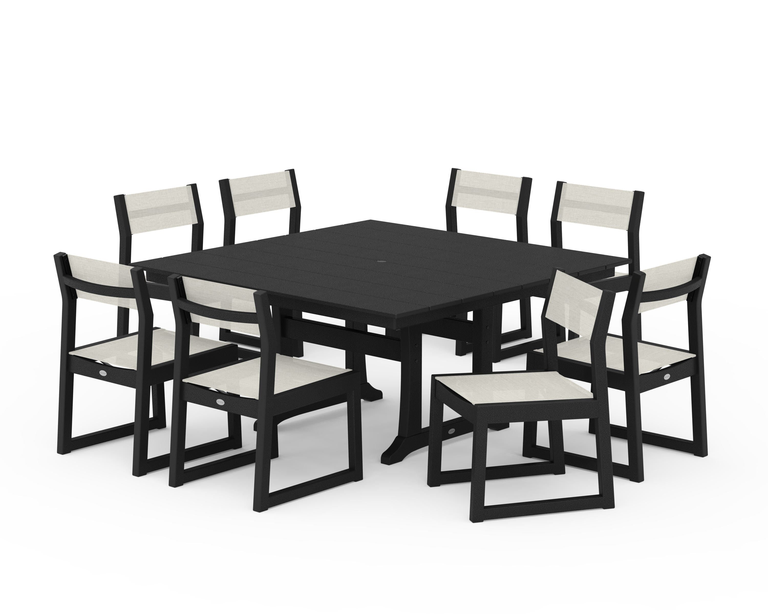 POLYWOOD EDGE Sling Side Chair 9-Piece Farmhouse Trestle Dining Set in Black / Parchment Sling