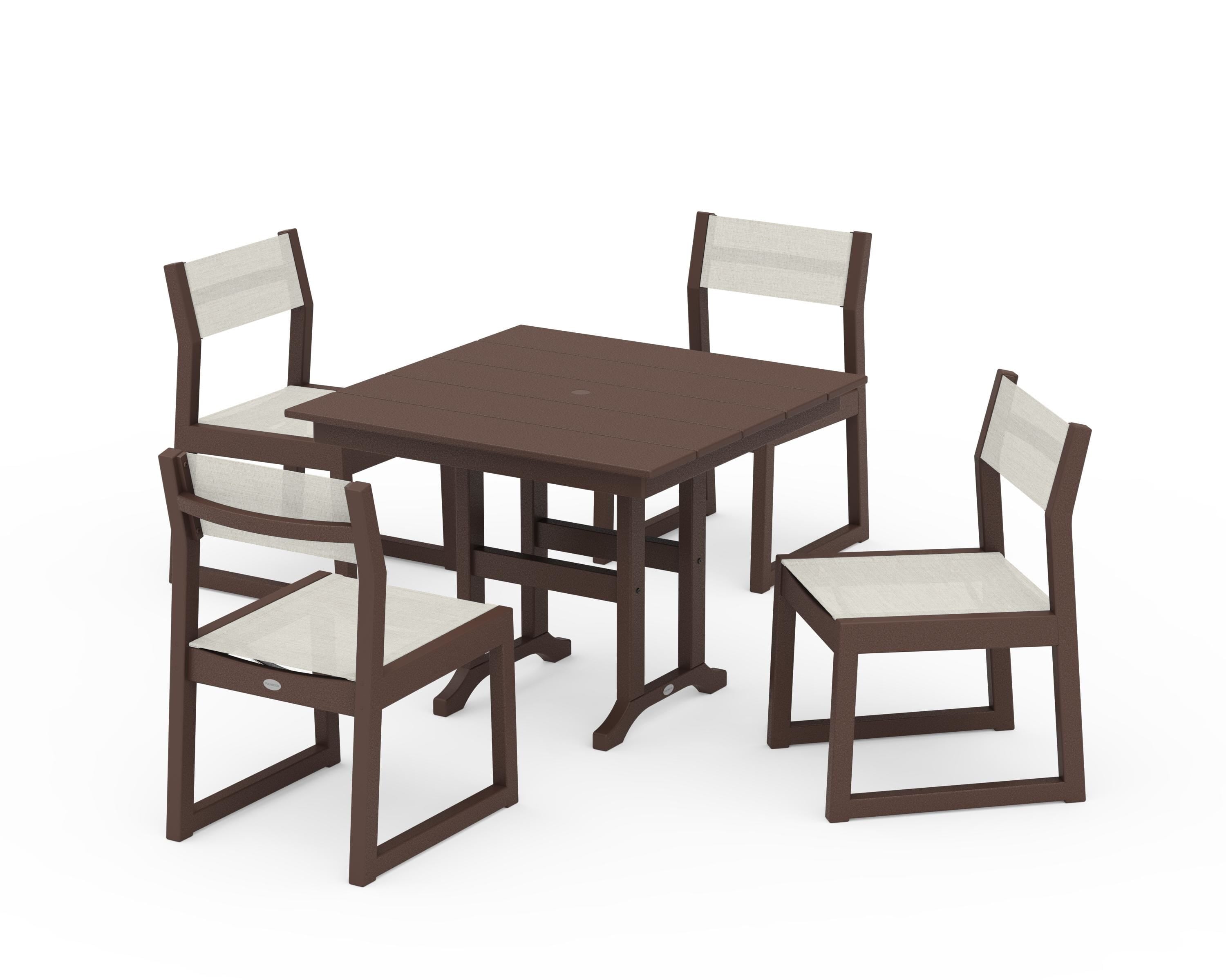 POLYWOOD EDGE Sling Side Chair 5-Piece Farmhouse Dining Set in Mahogany / Parchment Sling
