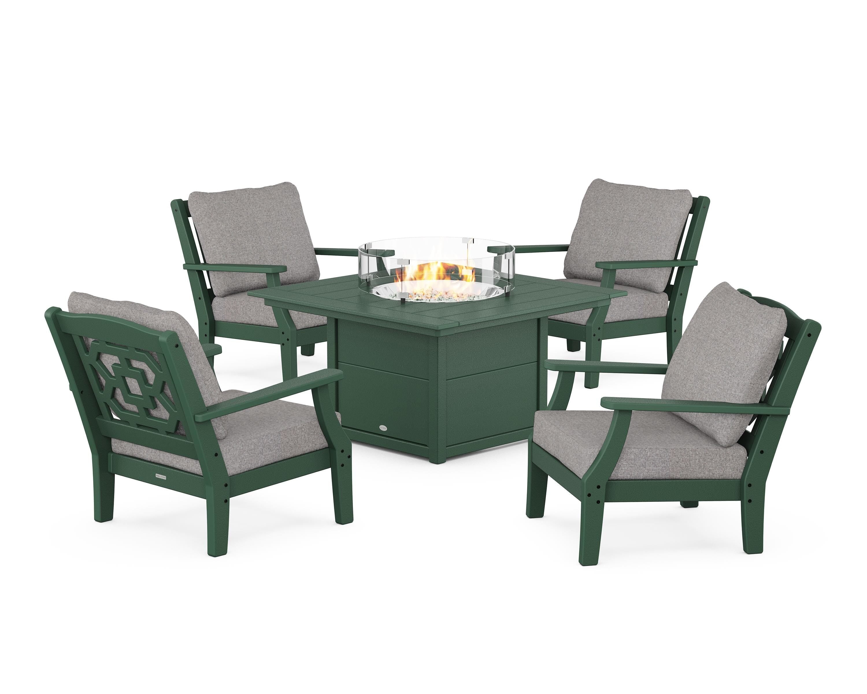 Martha Stewart by POLYWOOD Chinoiserie 5-Piece Deep Seating Set with Fire Pit Table in Green / Grey Mist
