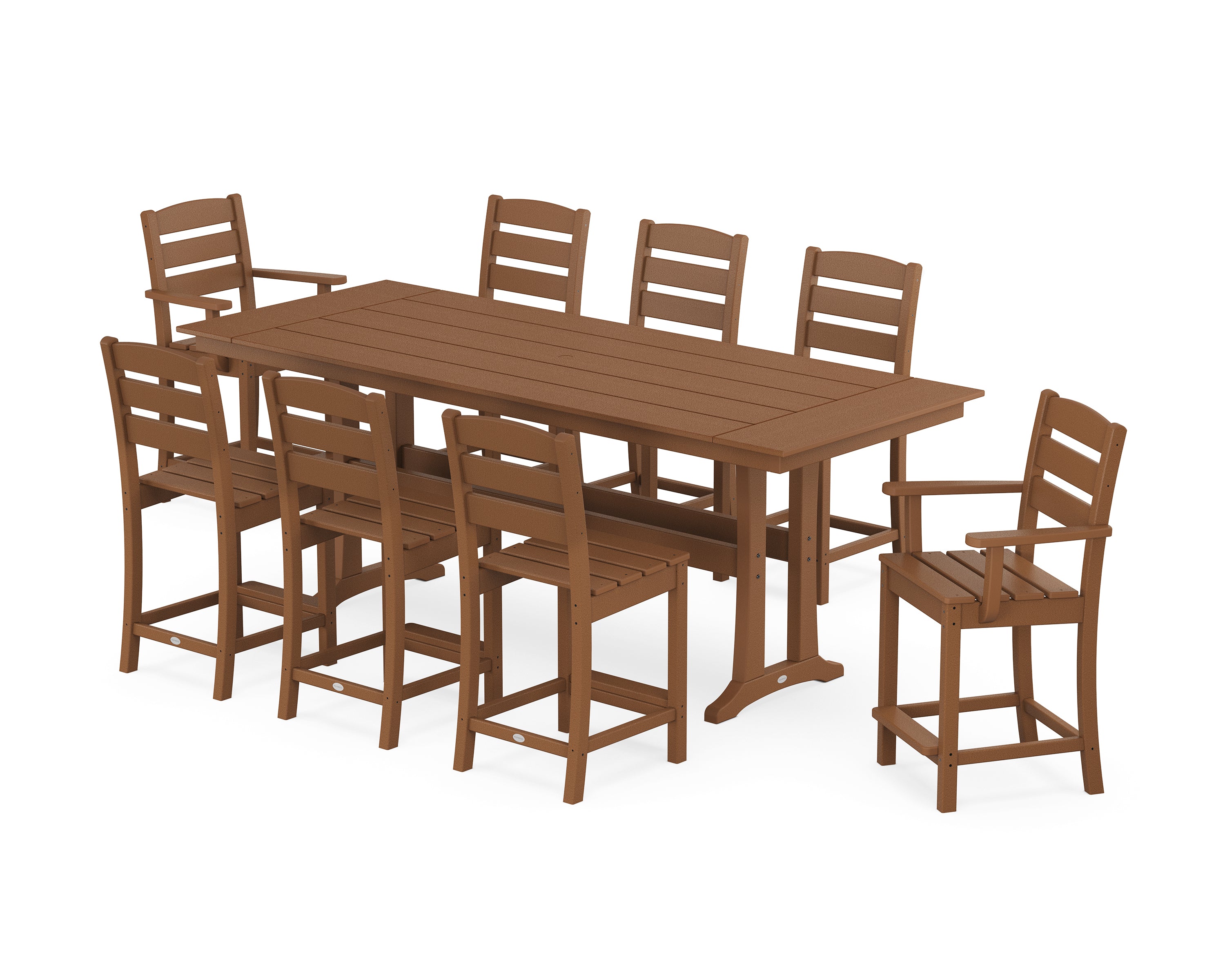 POLYWOOD® Lakeside 9-Piece Farmhouse Counter Set with Trestle Legs in Teak