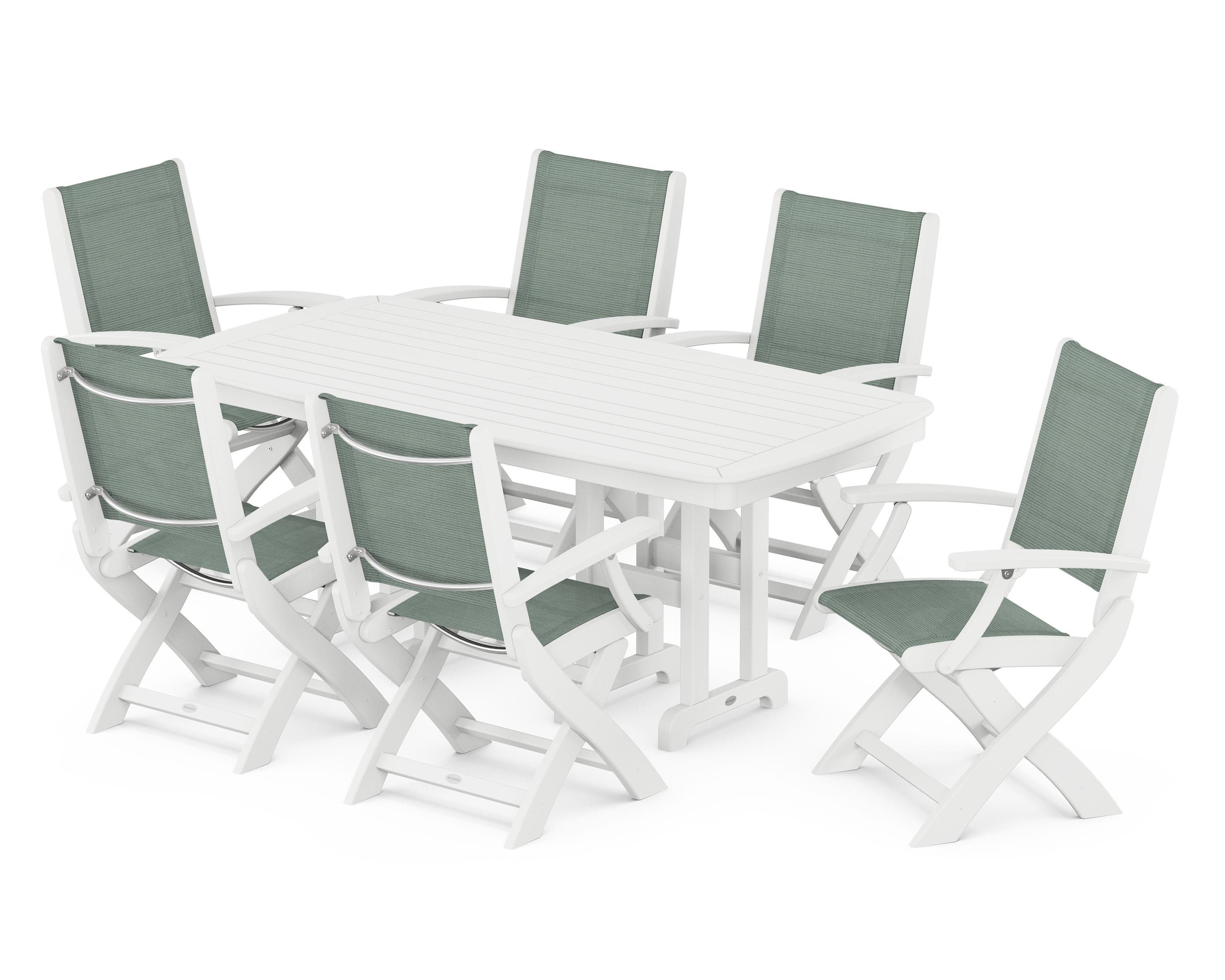 POLYWOOD Coastal Folding Arm Chair 7-Piece Dining Set in White / Dupioni Sea Mist Sling