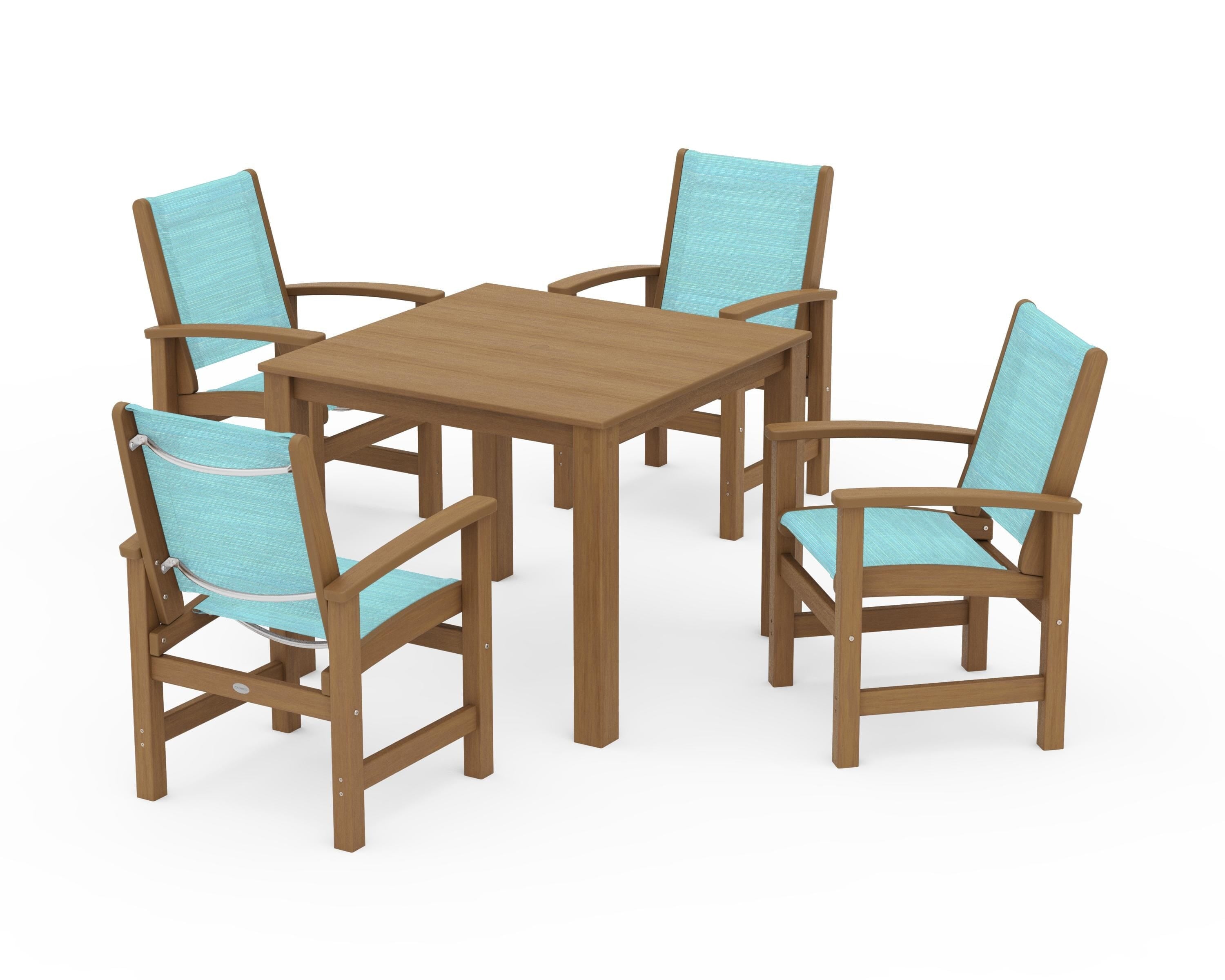 POLYWOOD Coastal 5-Piece Parsons Dining Set in Natural / Dupioni Aquamarine Sling