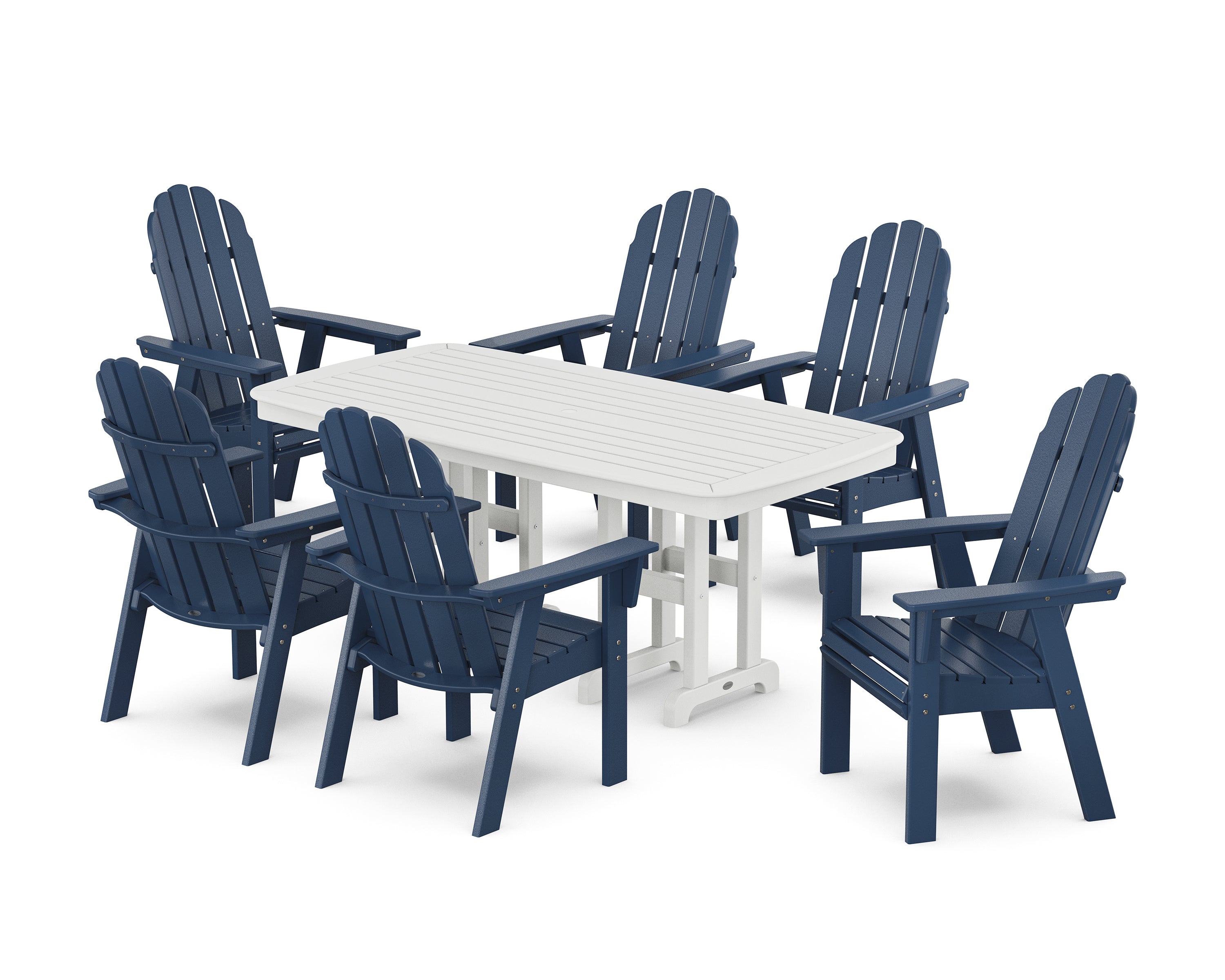 POLYWOOD Vineyard Curveback Adirondack Chair 7-Piece Dining Set in Navy / White