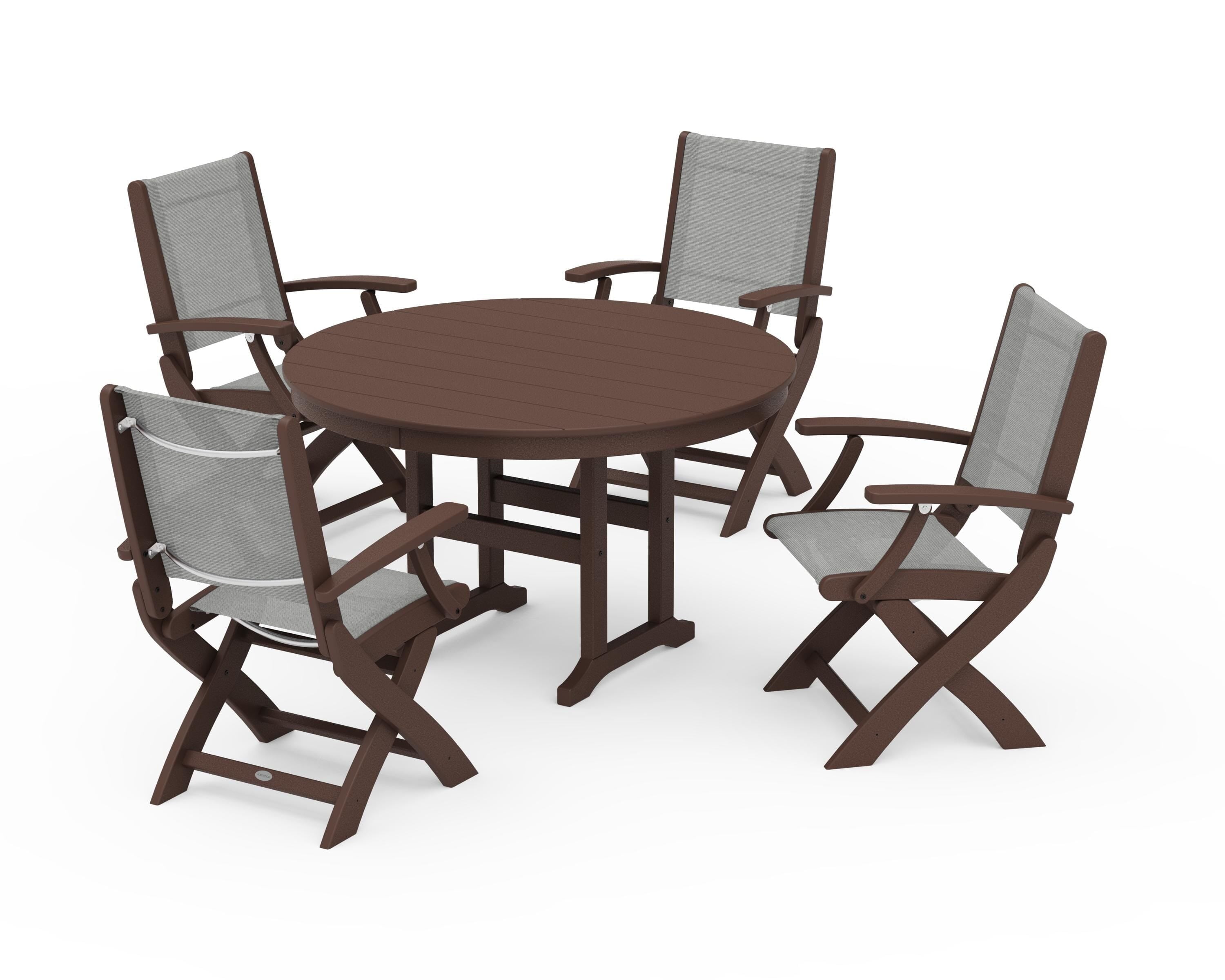 POLYWOOD Coastal Folding Chair 5-Piece Round Dining Set in Mahogany / Metallic Sling