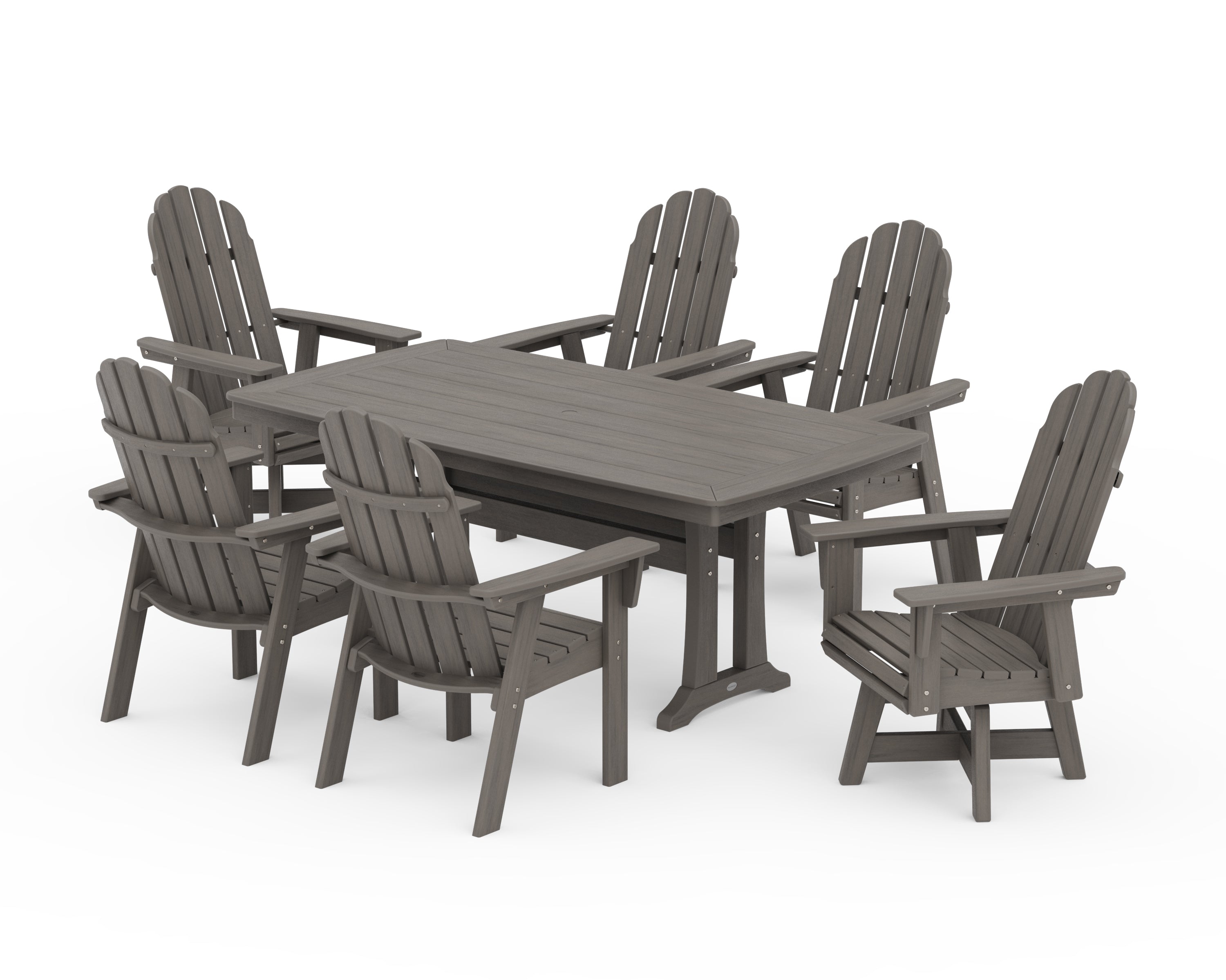 POLYWOOD Vineyard Curveback Adirondack Swivel Chair 7-Piece Dining Set with Trestle Legs in Driftwood