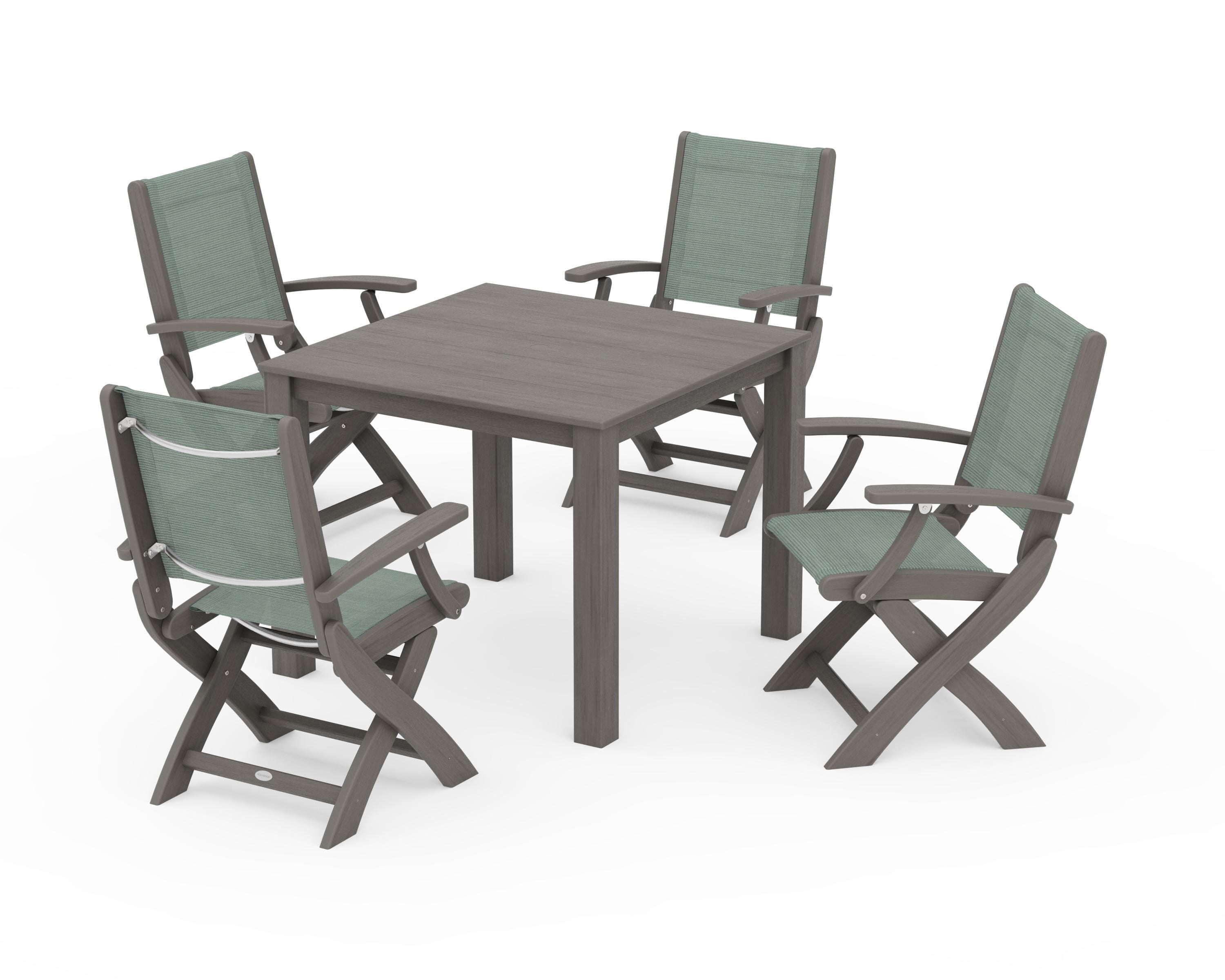 POLYWOOD Coastal Folding Chair 5-Piece Parsons Dining Set in Driftwood / Dupioni Sea Mist Sling