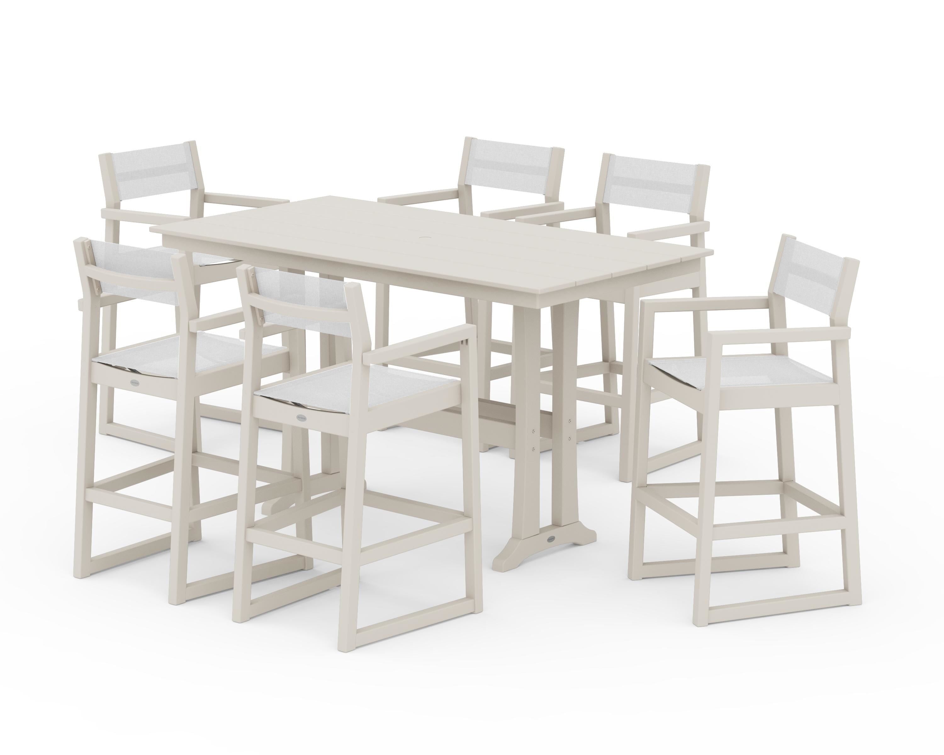 POLYWOOD EDGE Sling Arm Chair 7-Piece Farmhouse Bar Set with Trestle Legs in Sand / White Sling