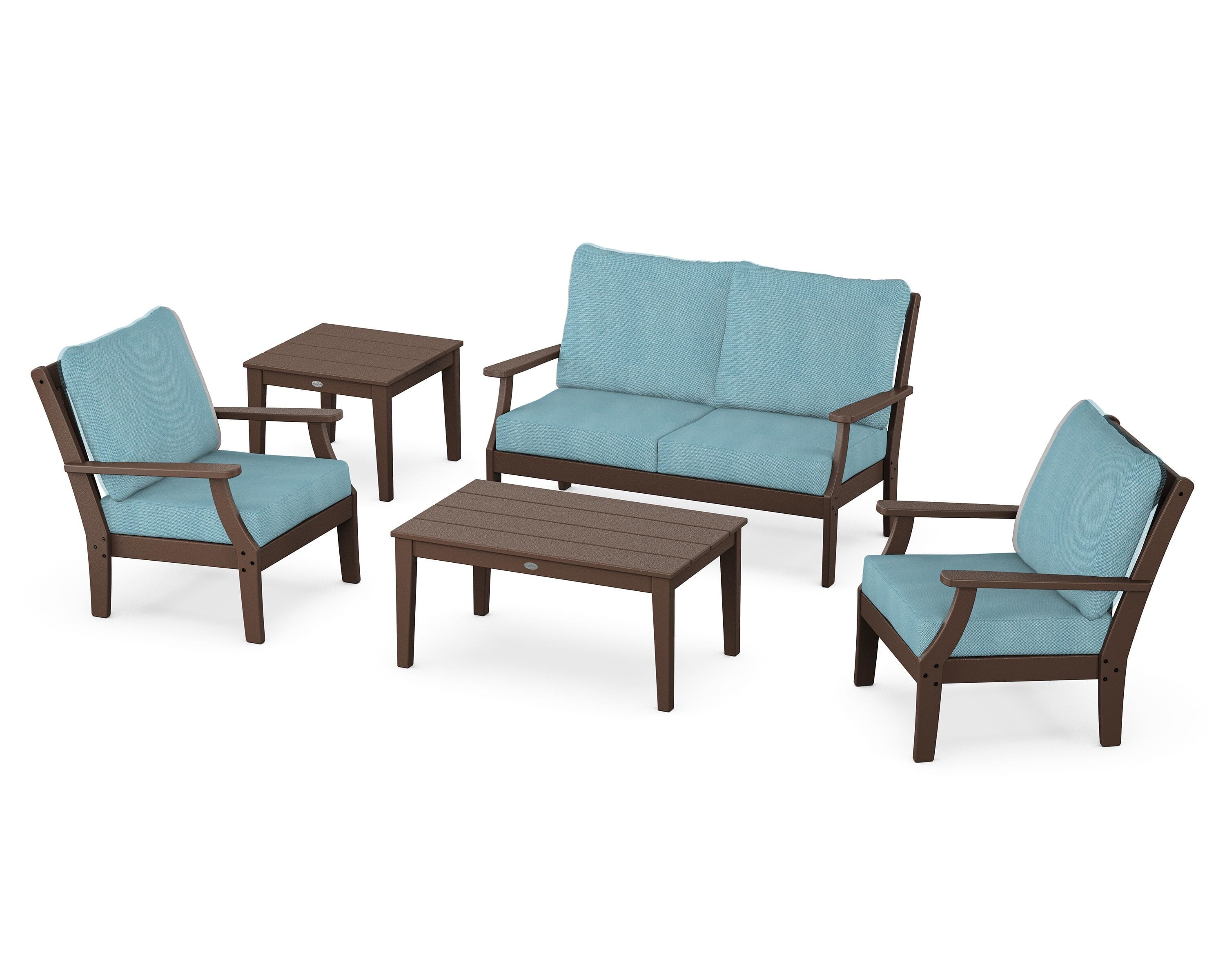 POLYWOOD Braxton 5-Piece Deep Seating Set in Mahogany / Lattice Sky Blue
