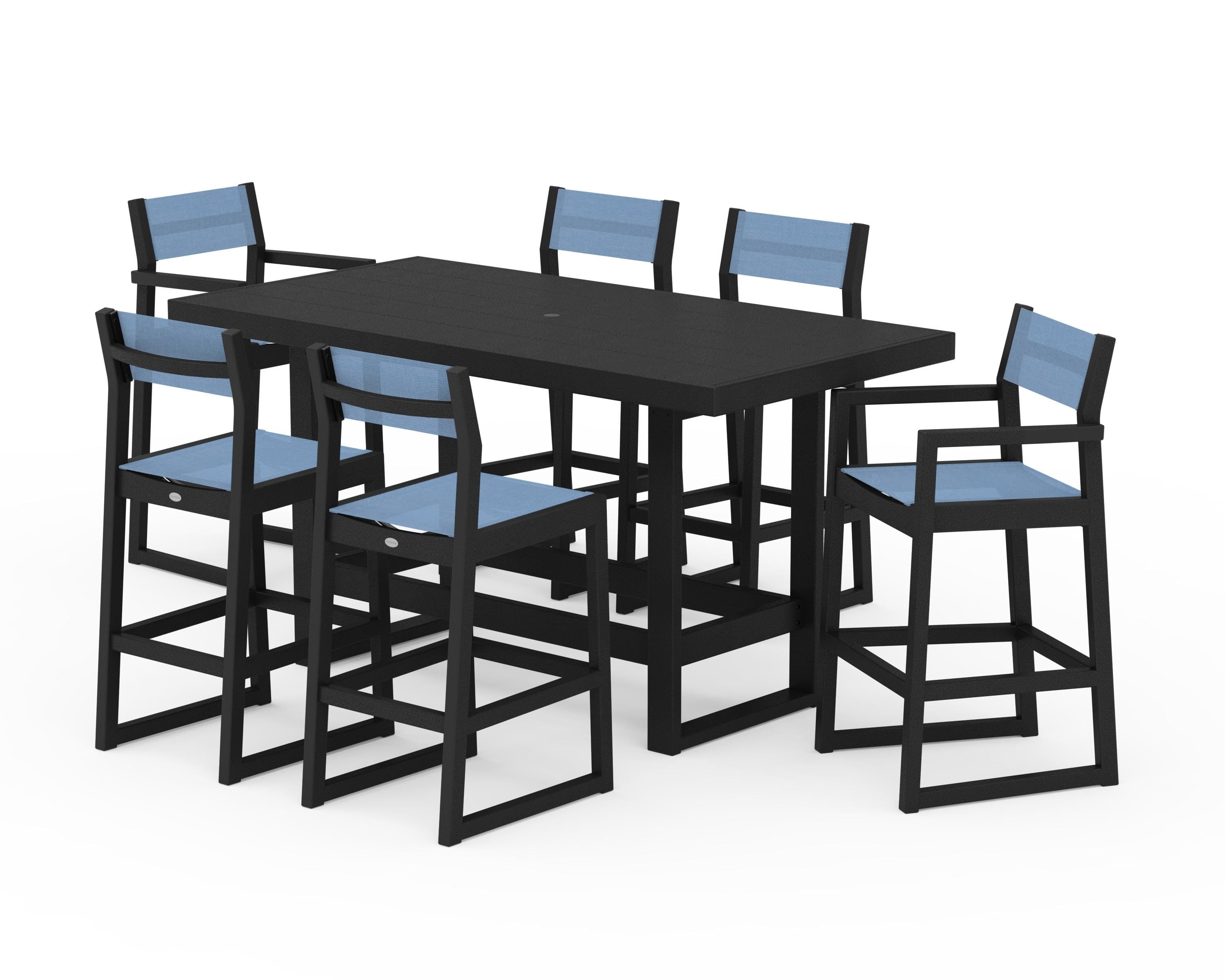POLYWOOD EDGE Sling 7-Piece Bar Table Set in Black / Poolside Sling