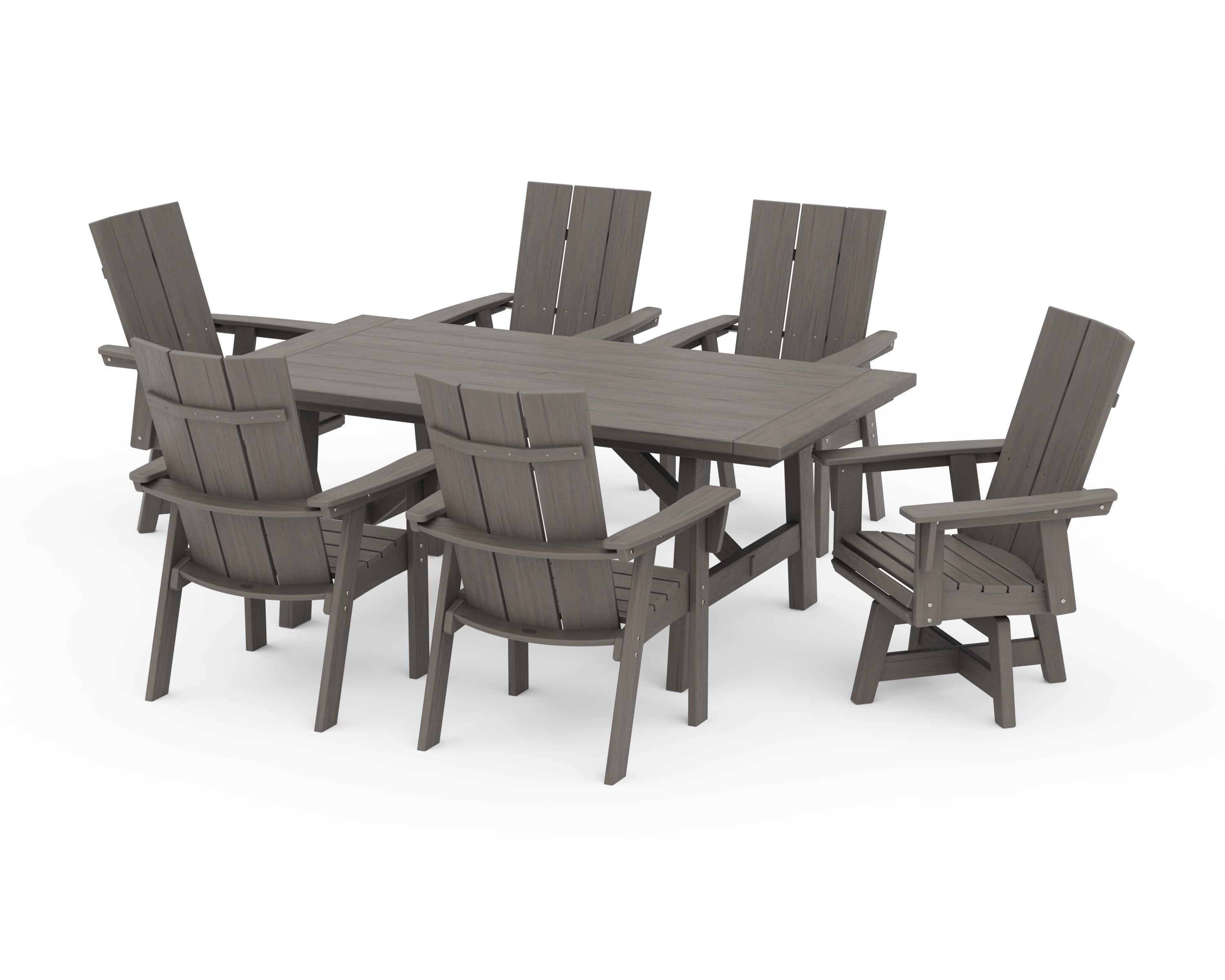 POLYWOOD Modern Curveback Adirondack 7-Piece Rustic Farmhouse Swivel Dining Set in Driftwood