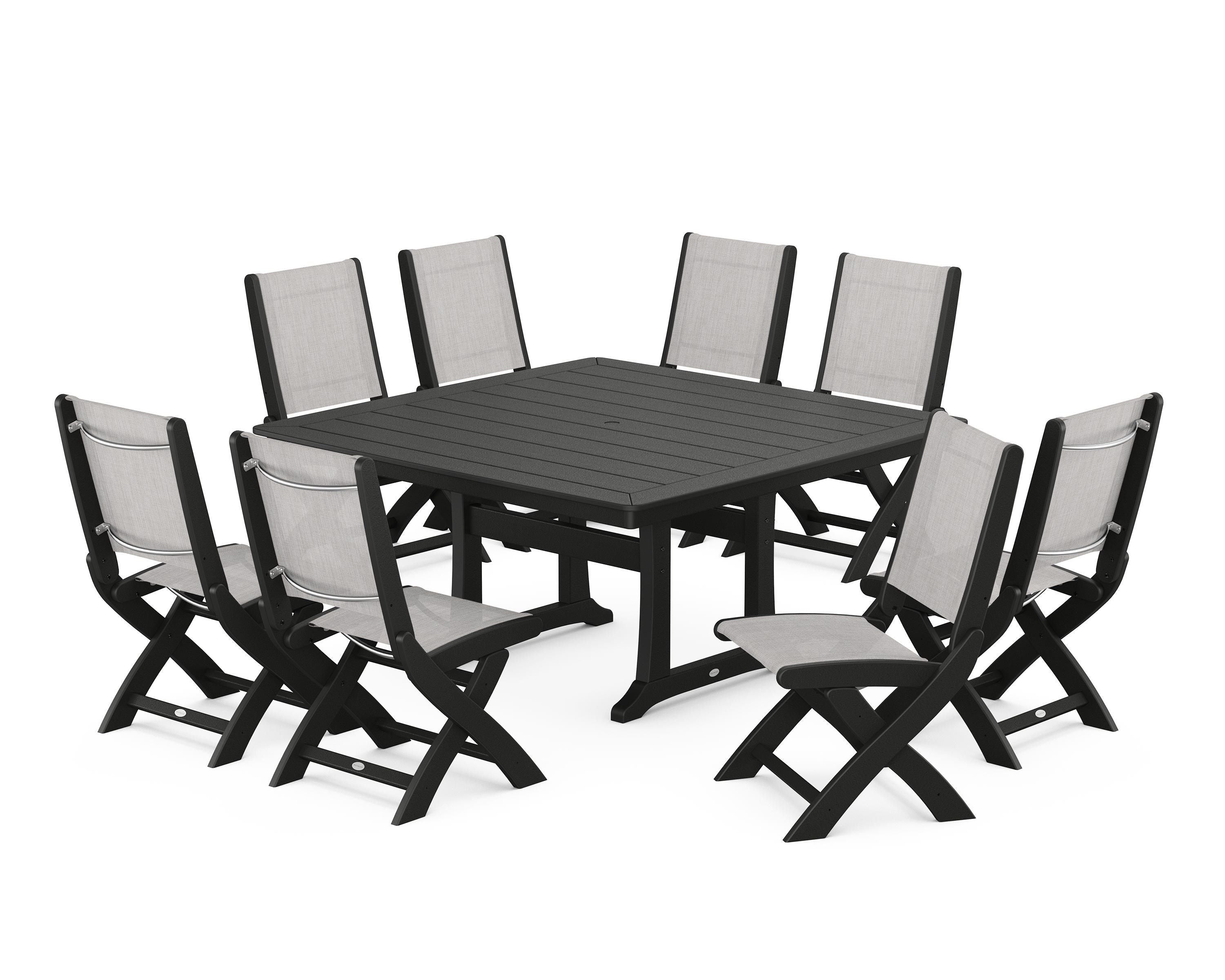 POLYWOOD Coastal Folding Side Chair 9-Piece Dining Set with Trestle Legs in Black / Parchment Sling