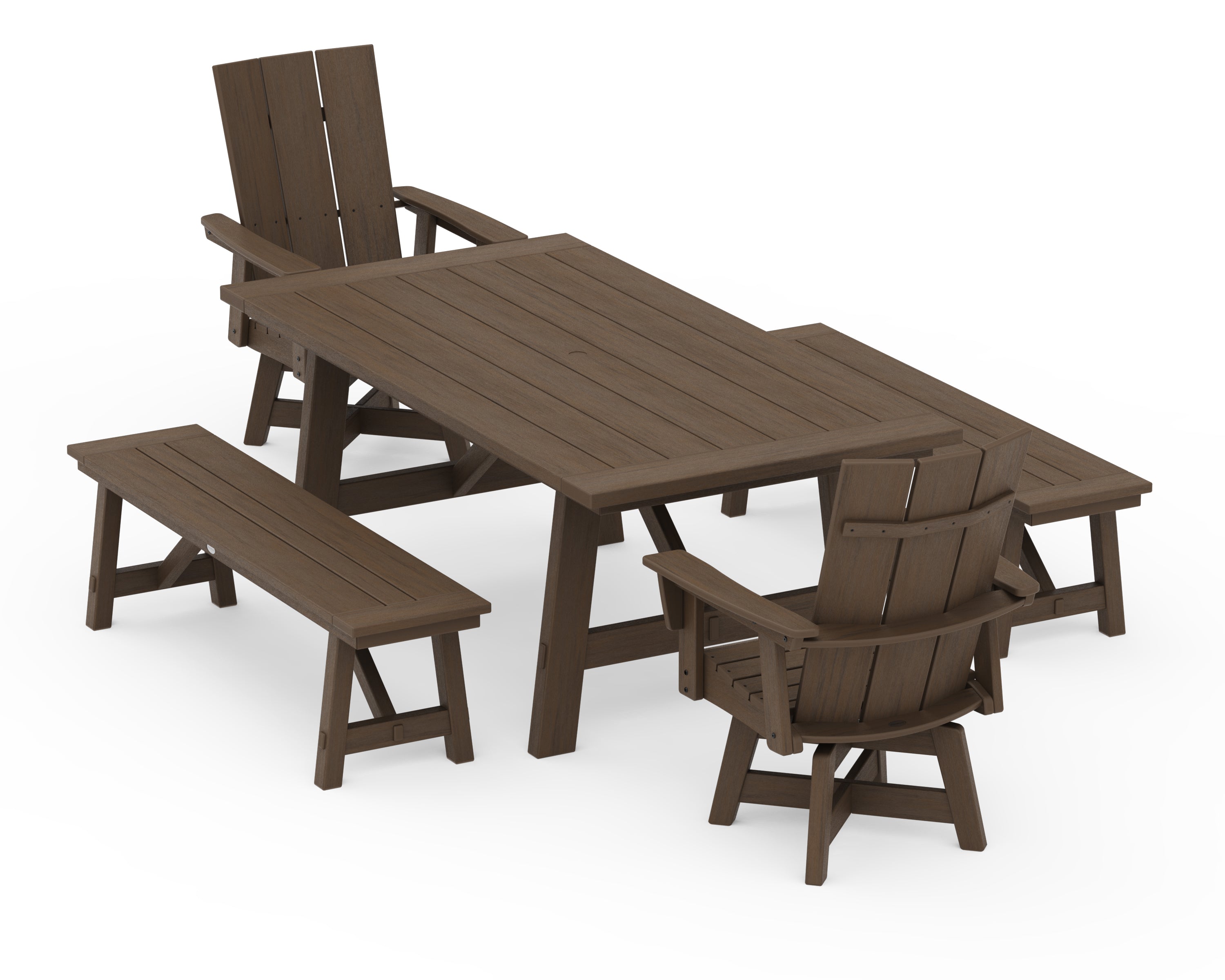POLYWOOD Modern Curveback Adirondack Swivel Chair 5-Piece Rustic Farmhouse Dining Set With Benches in Kona