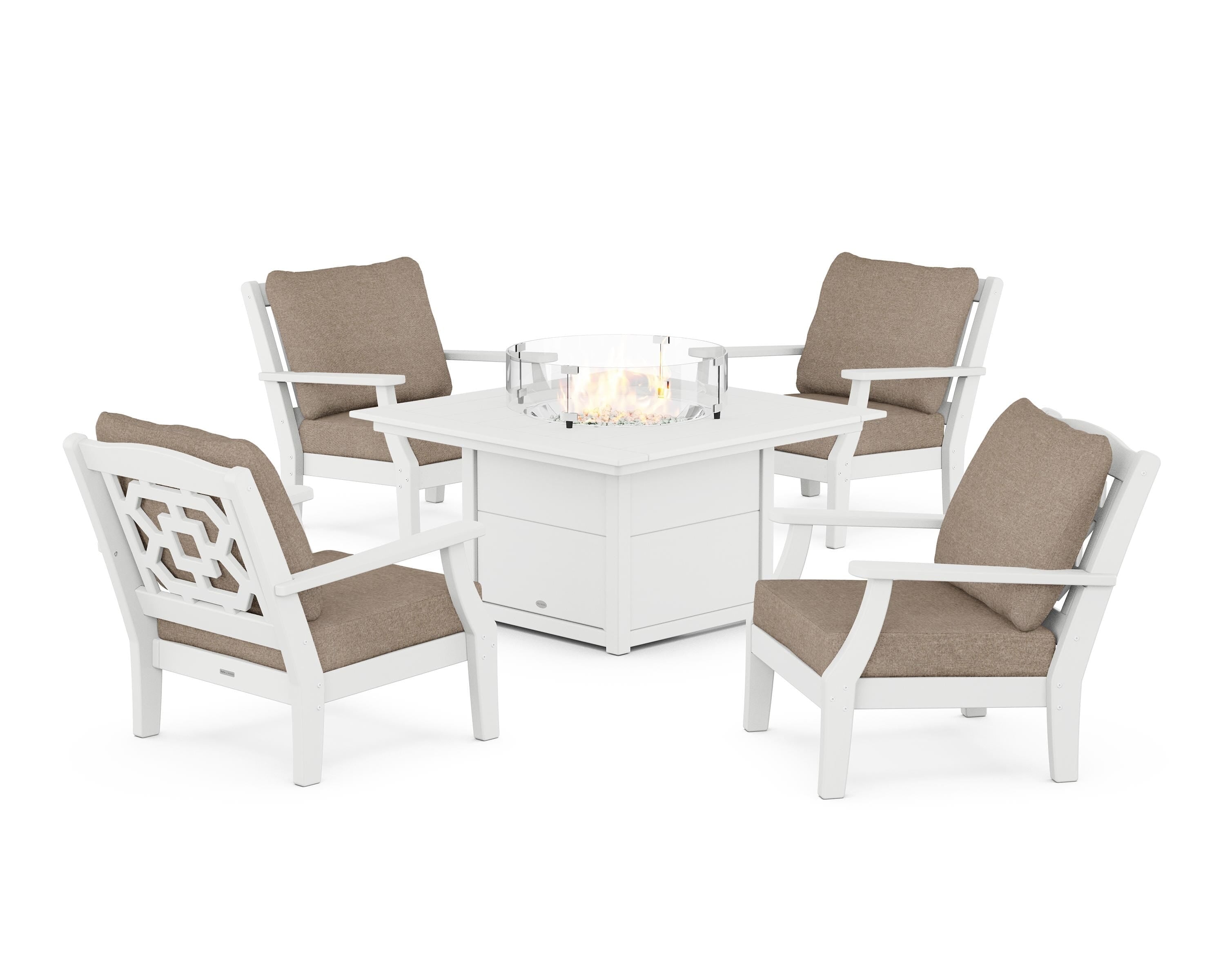 Martha Stewart by POLYWOOD Chinoiserie 5-Piece Deep Seating Set with Fire Pit Table in White / Spiced Burlap