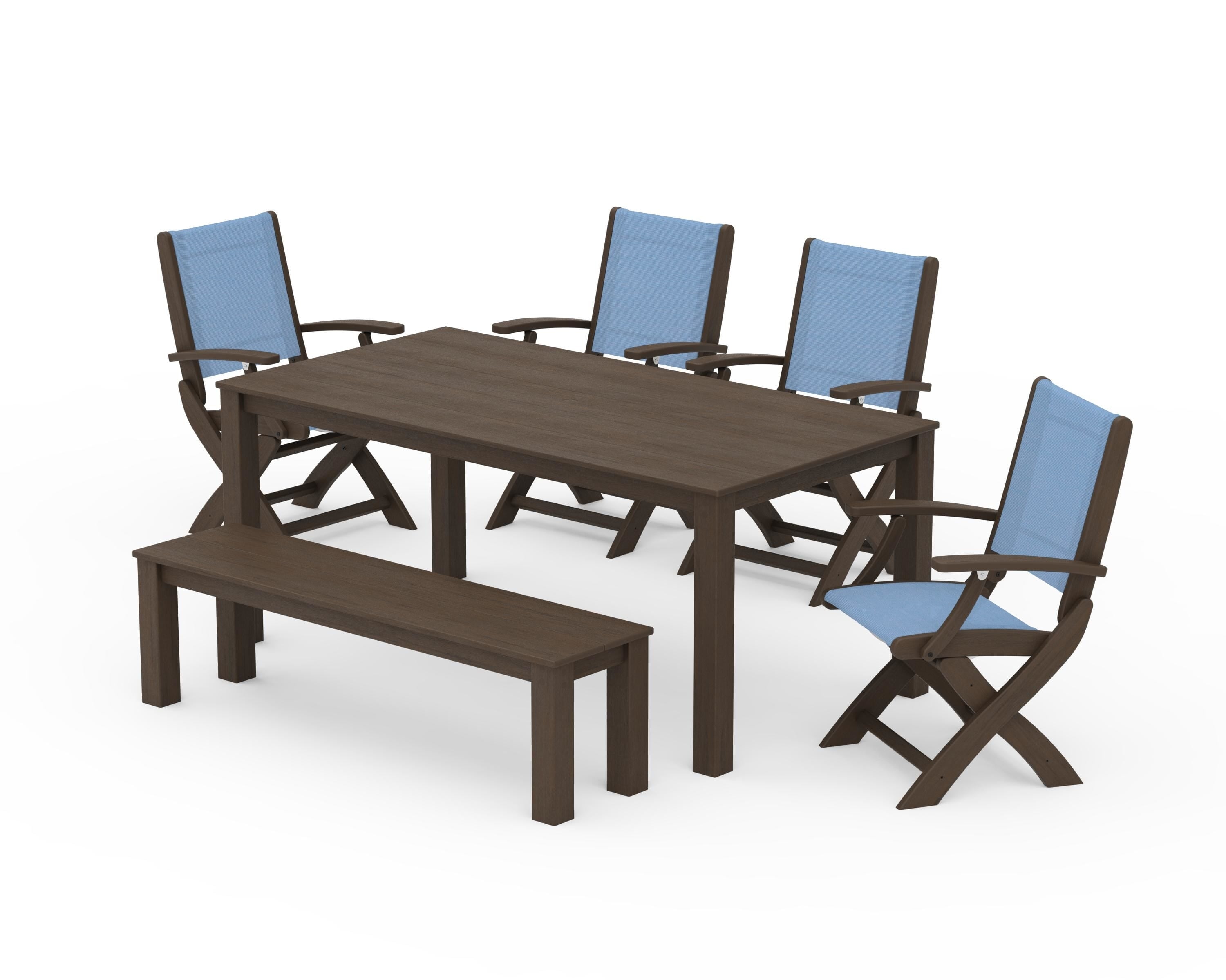 POLYWOOD Coastal Folding Chair 6-Piece Parsons Dining Set with Bench in Kona / Poolside Sling