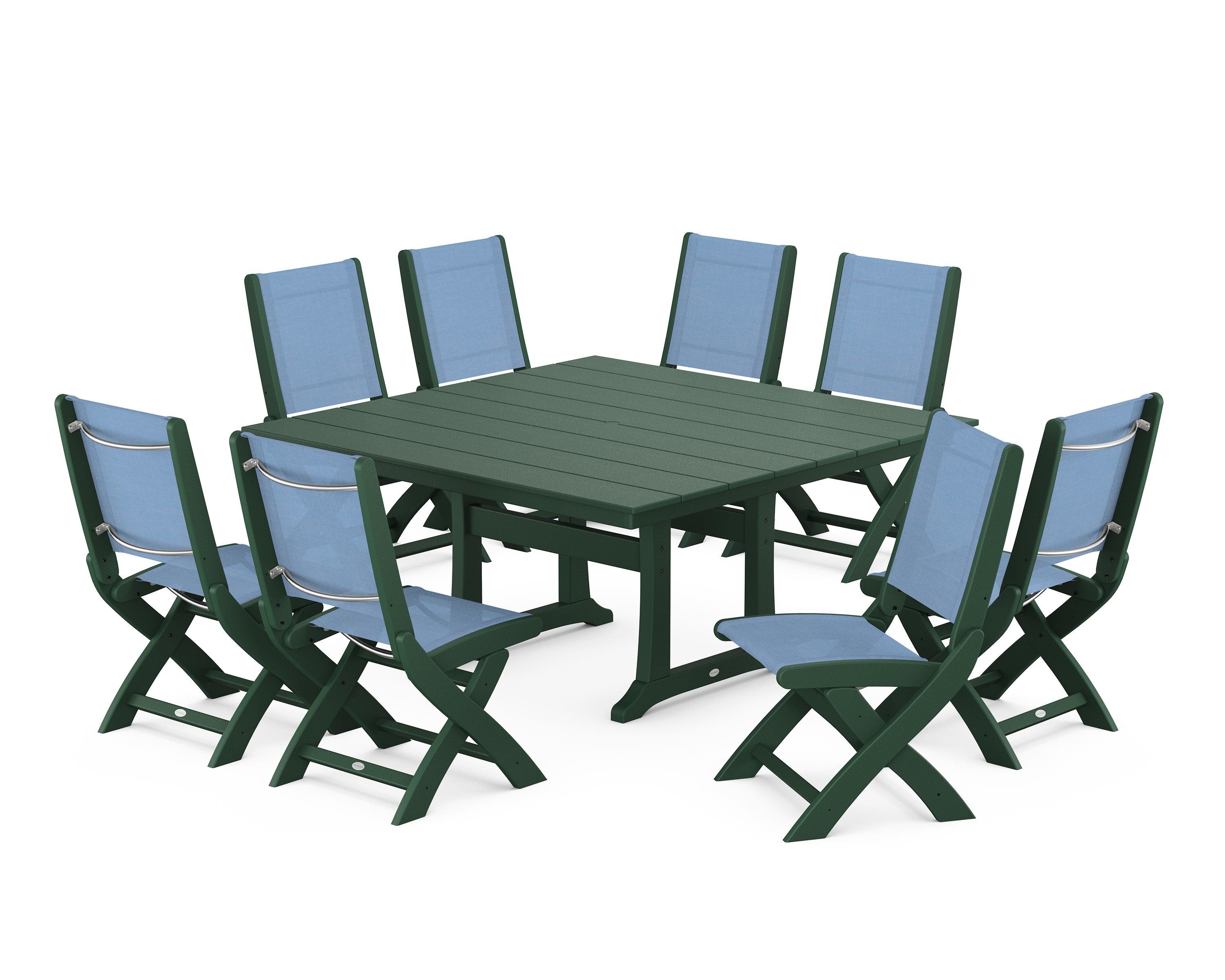 POLYWOOD Coastal Folding Side Chair 9-Piece Farmhouse Dining Set in Green / Poolside Sling