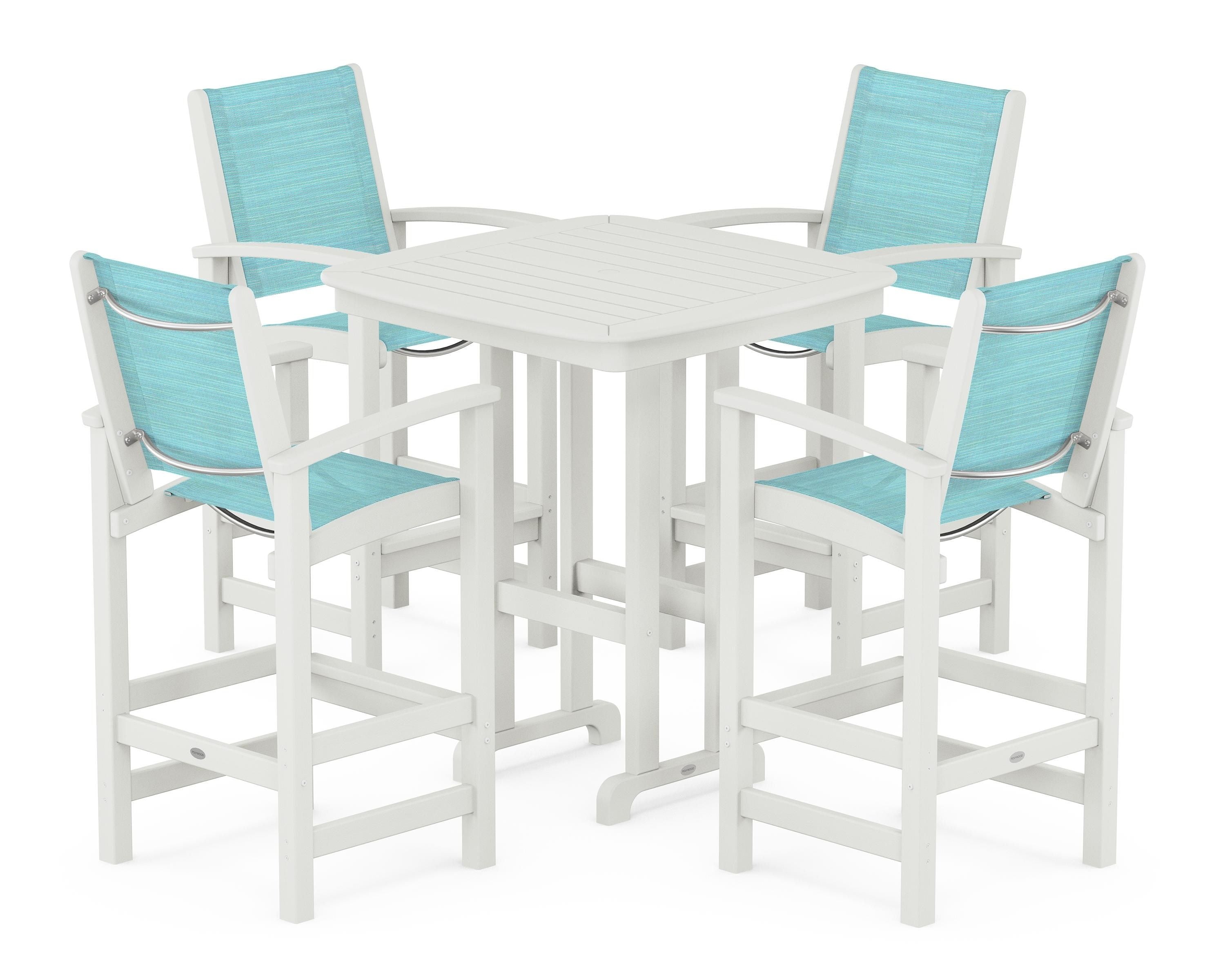 POLYWOOD Coastal 5-Piece Bar Set in Vintage White / Dupioni Aquamarine Sling