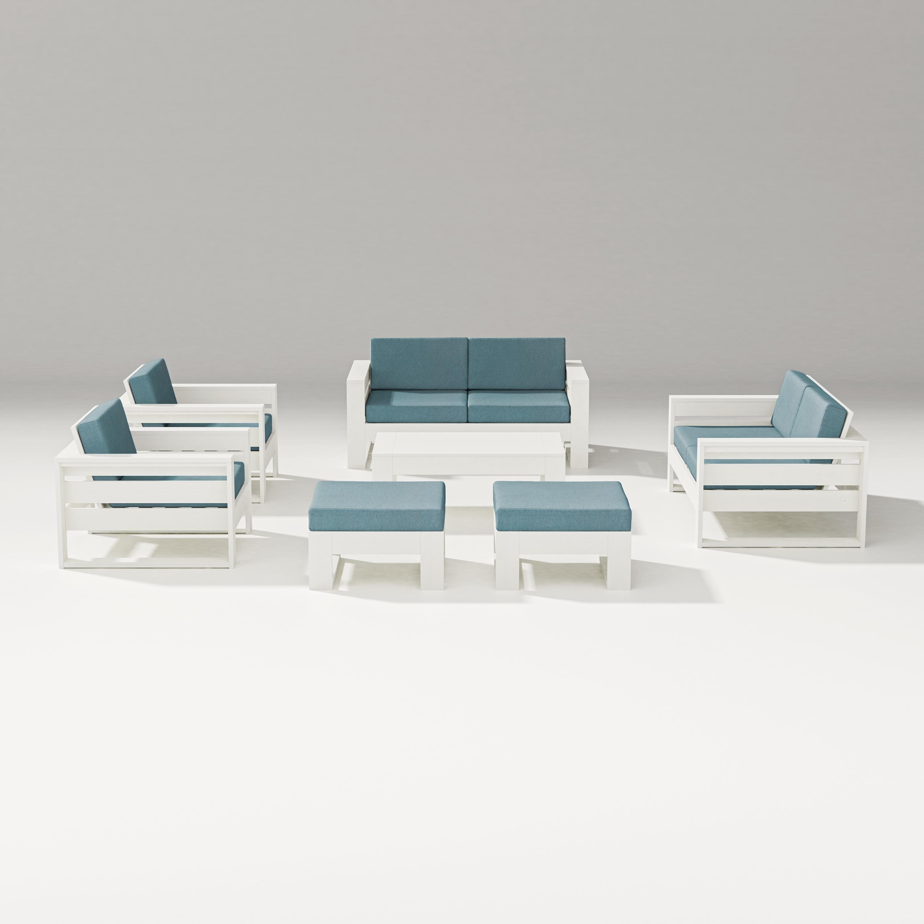 PW Designer Series Latitude 7-Piece Lounge Loveseat Set in Vintage White / Ocean Teal