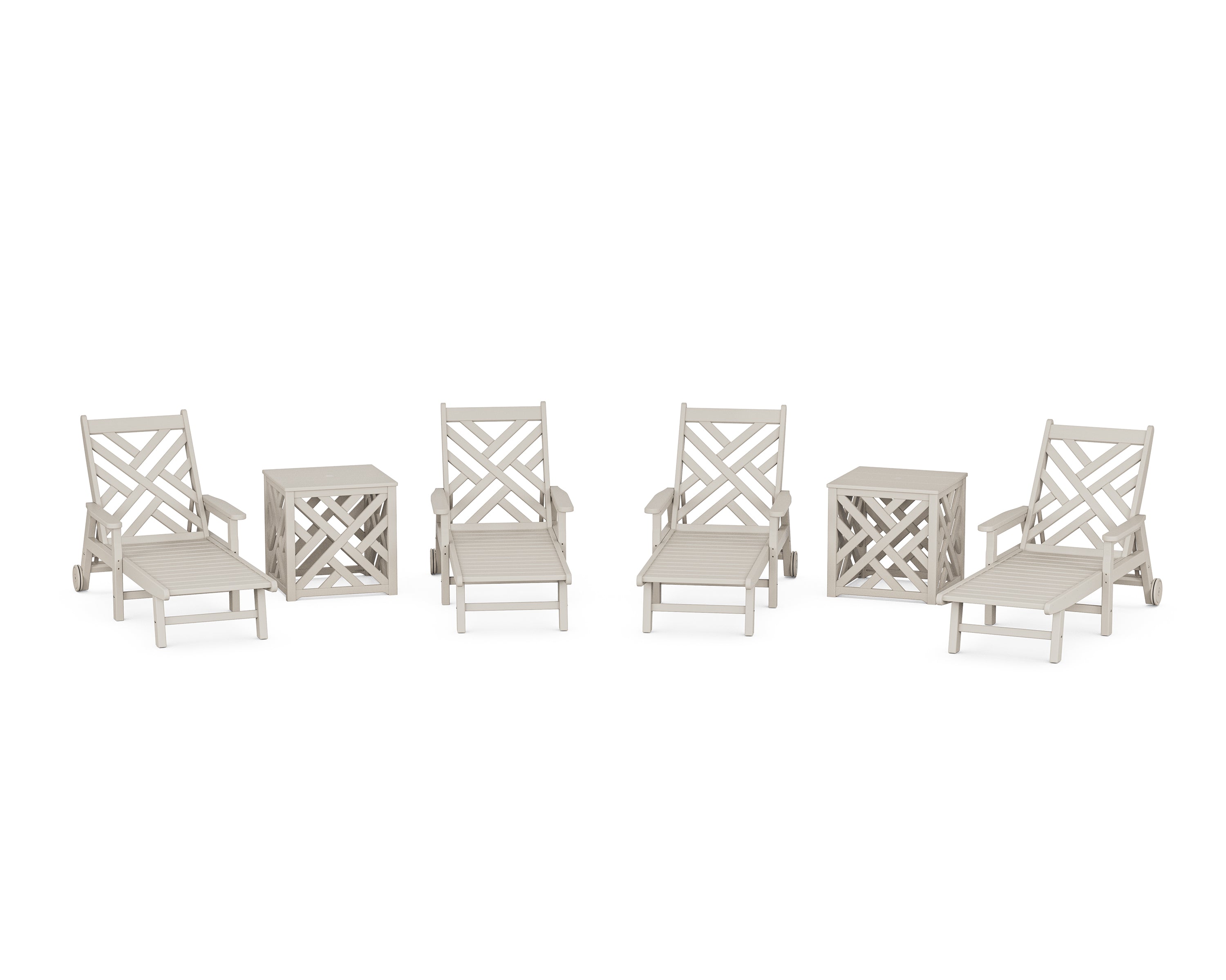 POLYWOOD Chippendale 6-Piece Chaise Set with Umbrella Stand Accent Table in Sand