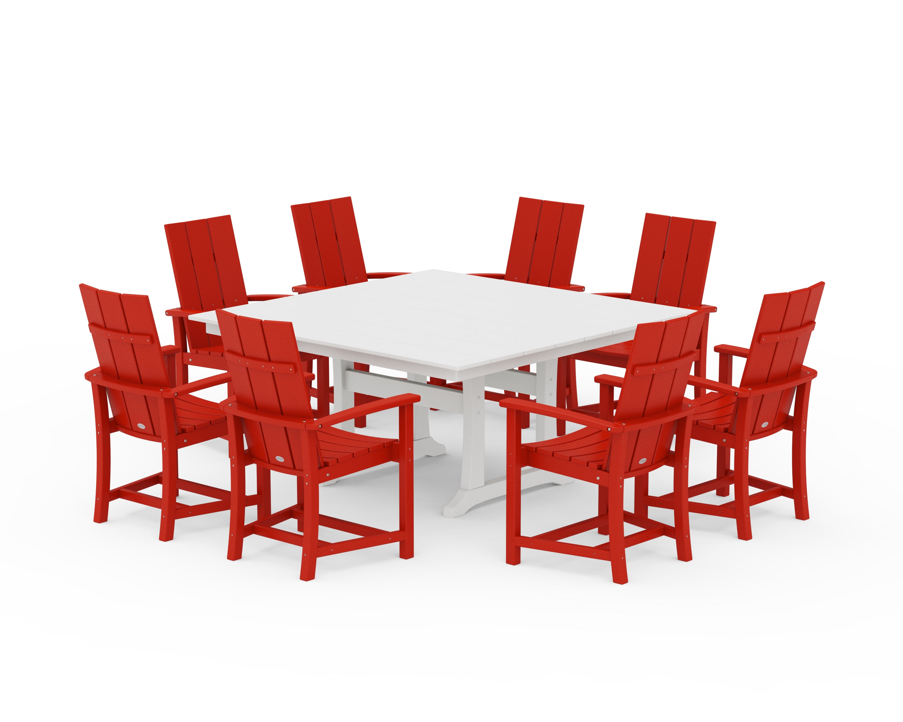POLYWOOD Modern Adirondack 9-Piece Farmhouse Trestle Dining Set in Sunset Red / White