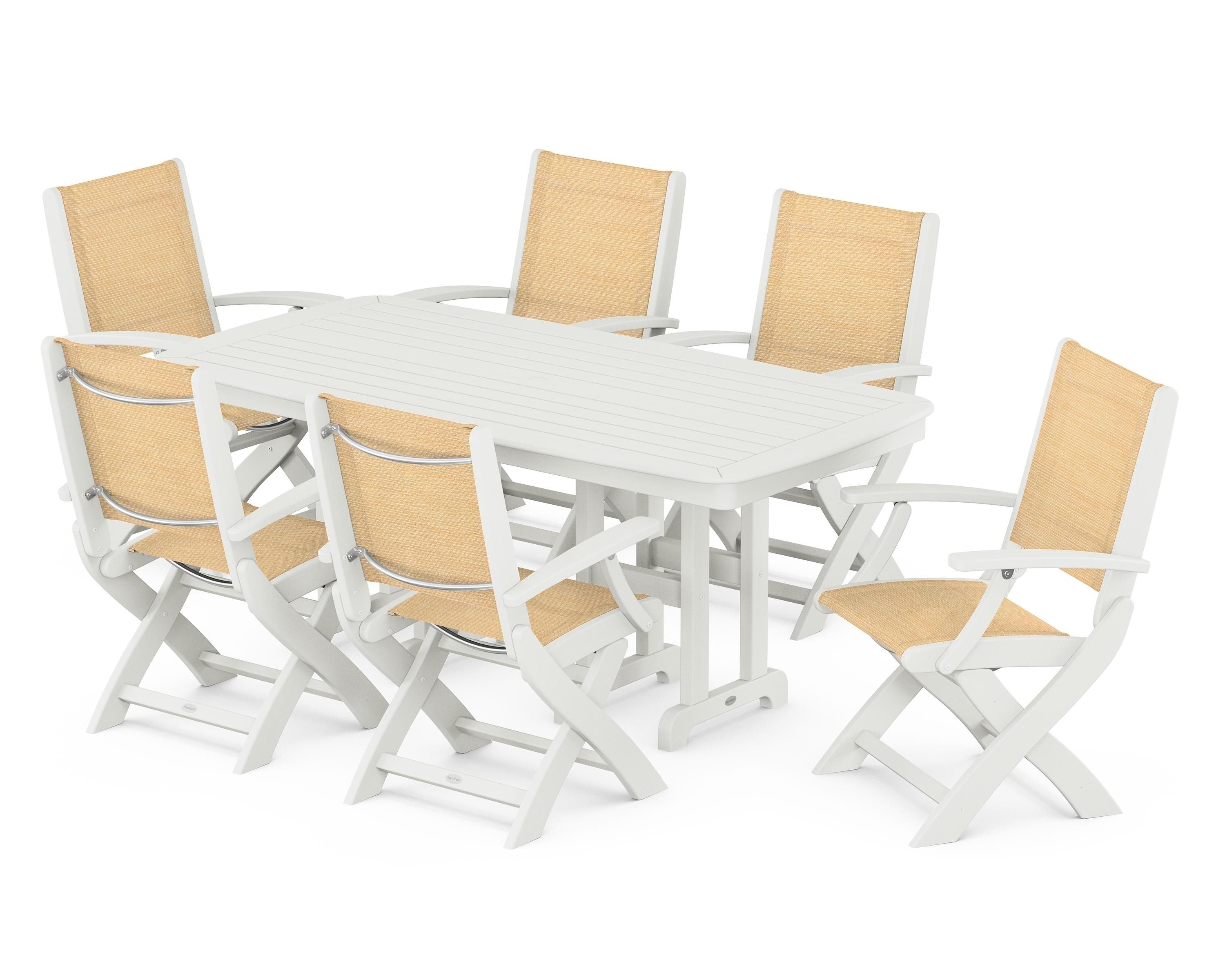 POLYWOOD Coastal Folding Arm Chair 7-Piece Dining Set in Vintage White / Dupioni Apricot Sling