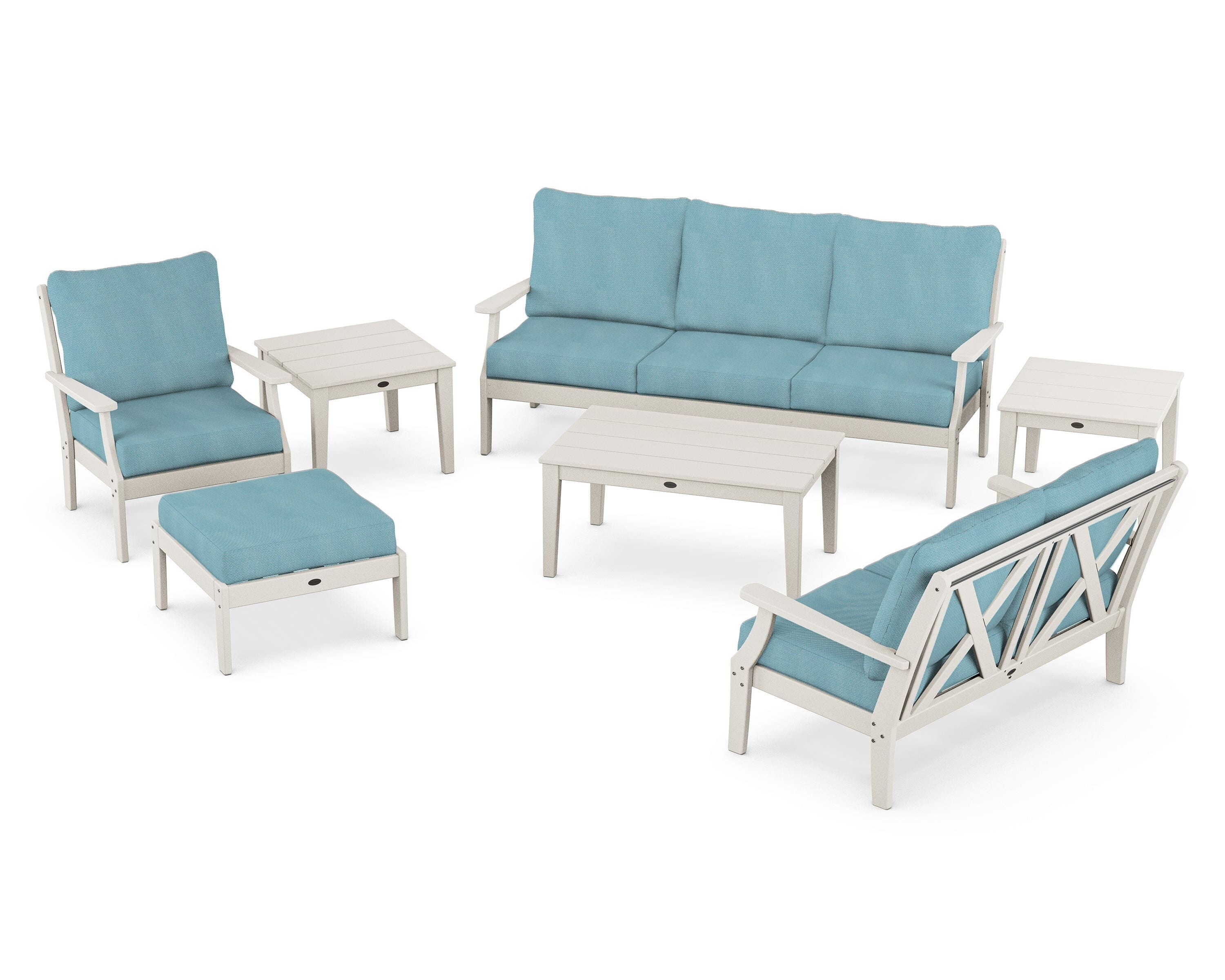 POLYWOOD Braxton 7-Piece Deep Seating Set in Sand / Lattice Sky Blue